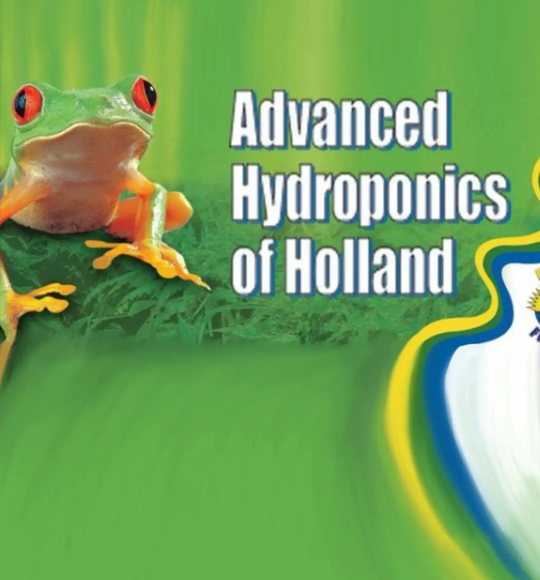 Frosch und Logo von Advanced Hydroponics of Holland auf grünem Hintergrund.