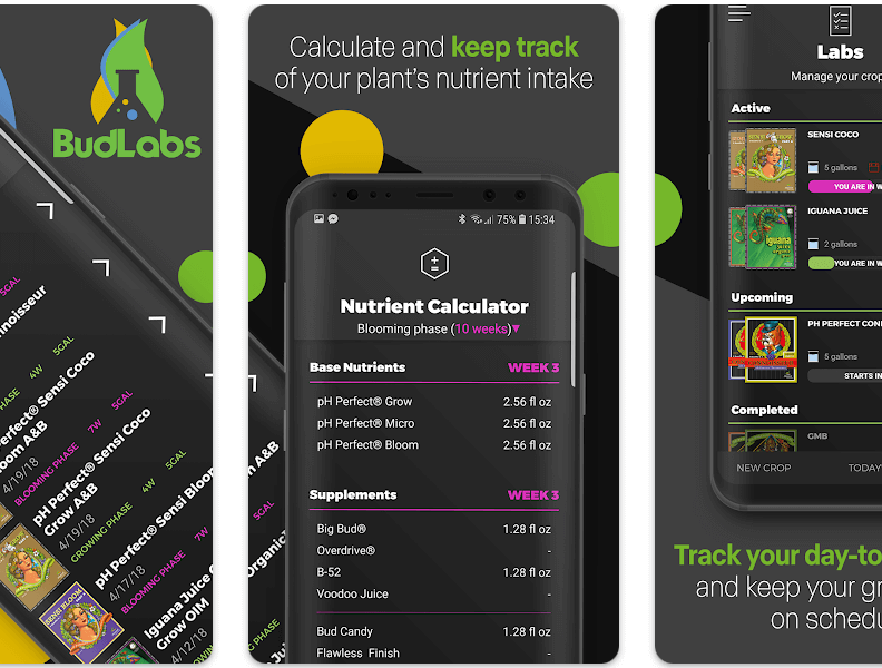 BudLabs App screenshot featuring nutrient calculator and plant tracking features for growers.