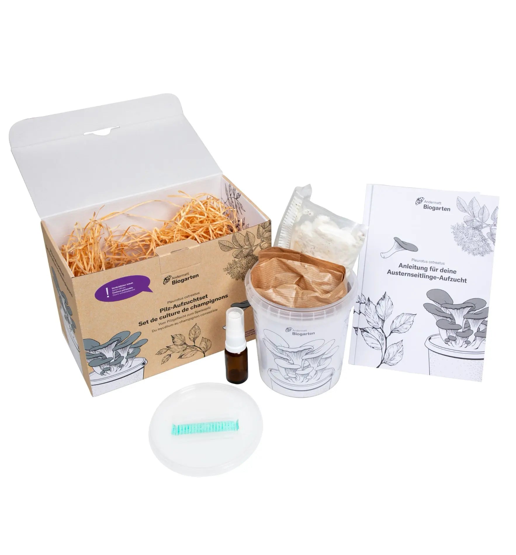 Aufzuchtset für Austernseitlinge von Biocontrol & Biogarten mit Startkultur zum Züchten, Ernten und Genießen von Pilzen.