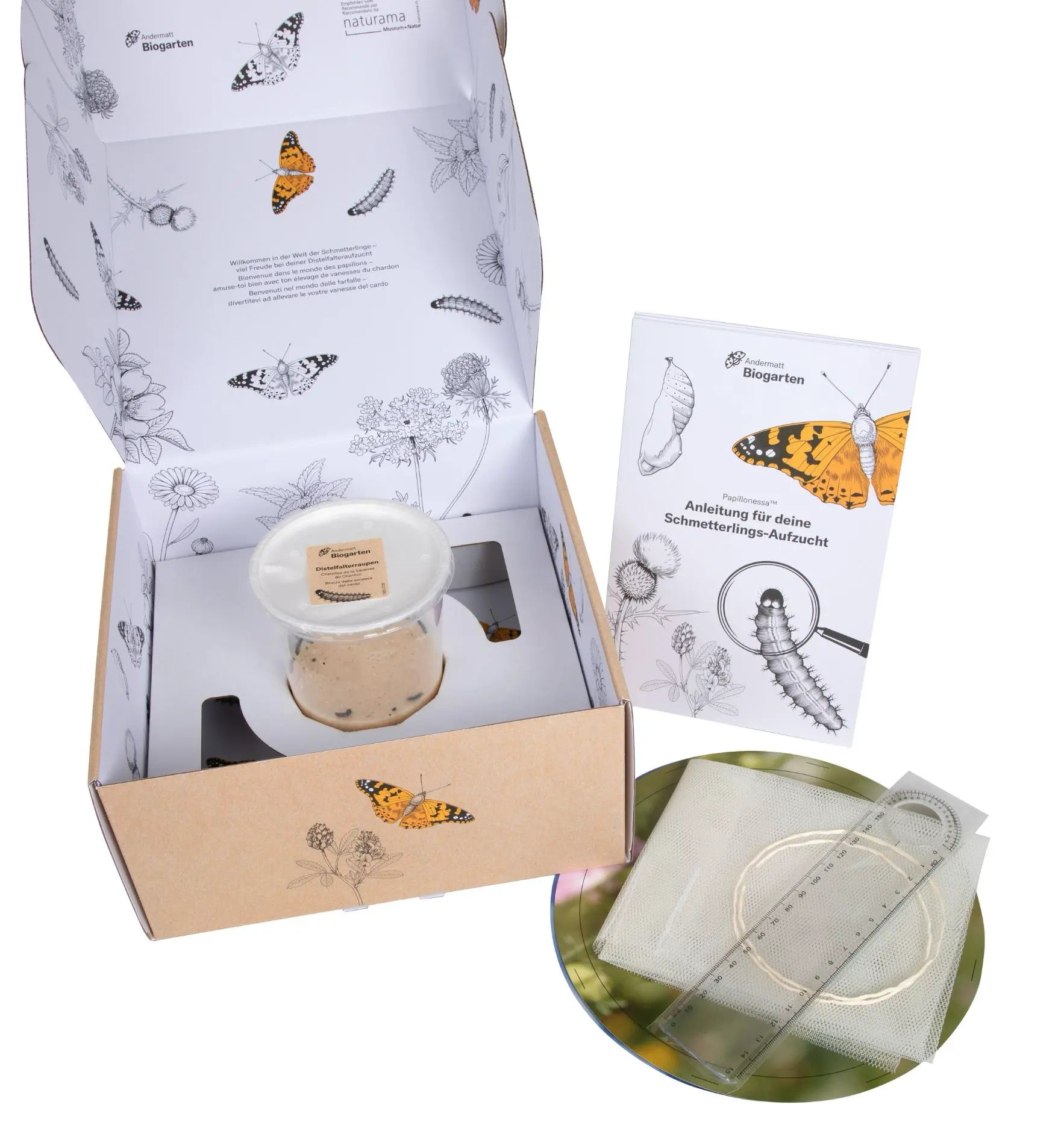 Aufzuchtset für Schmetterlinge mit Raupen und Zubehör, von Biocontrol & Biogarten, zeigt das Set mit Raupen und Verpackung