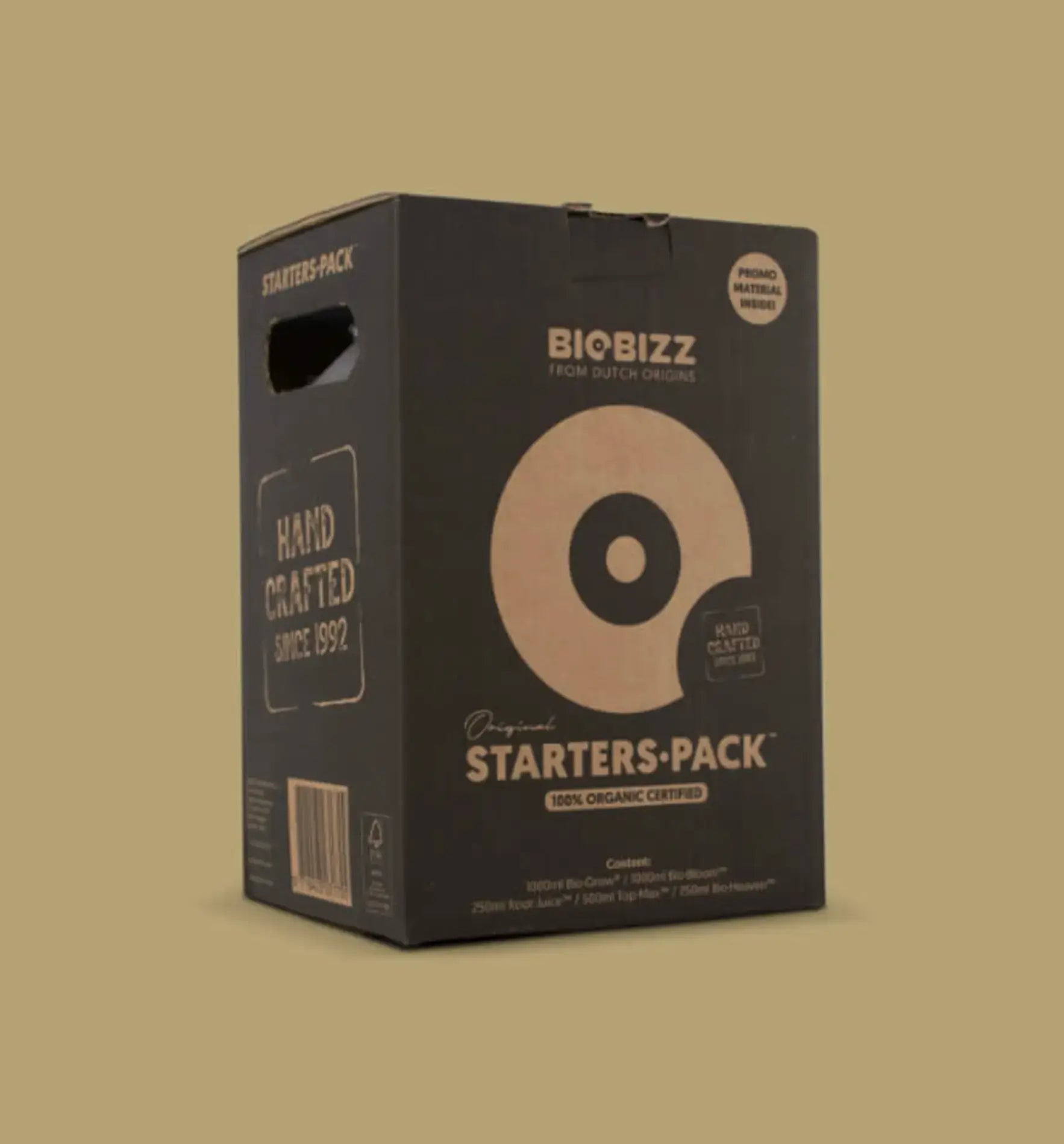 BioBizz Starter Set Verpackung mit dem Hinweis auf 100% organische Inhaltsstoffe und handgefertigtem Design.
