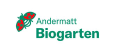 Logo von Andermatt Biogarten mit Marienkäfer-Illustration, grün und rot.