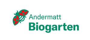 Logo von Andermatt Biogarten mit Marienkäfer-Illustration, grün und rot.