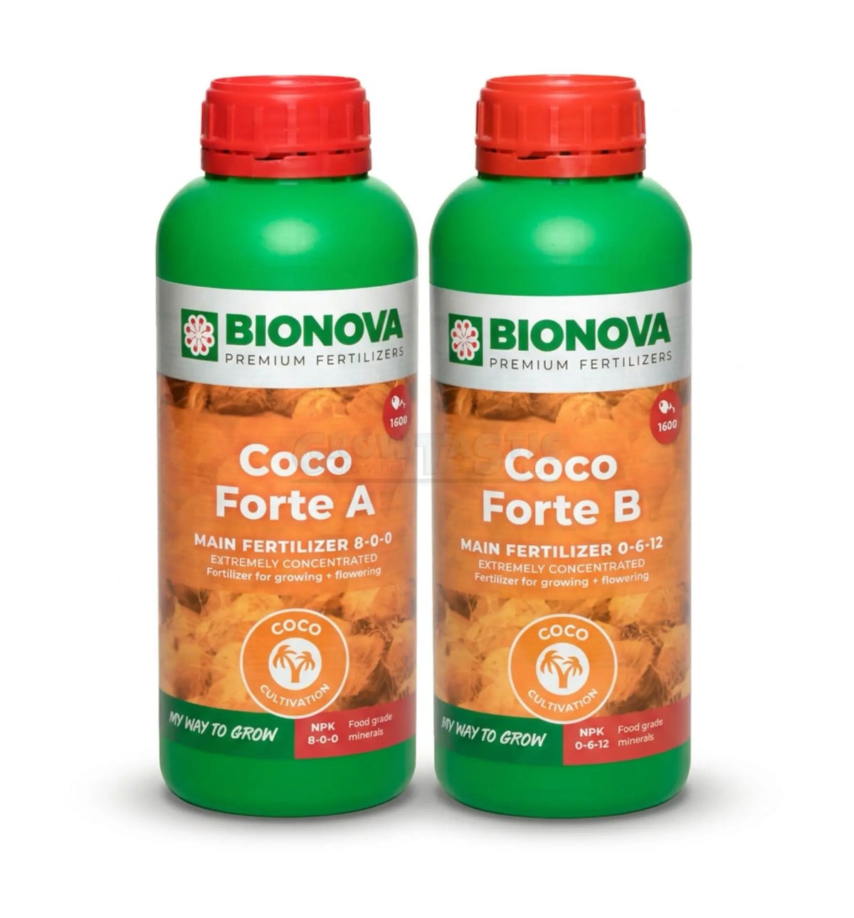 Bionova Coco A+B Dünger in 1-Liter-Flasche, natürliche Nährstofflösung für Pflanzen, auf dem weißen Behälter stehend