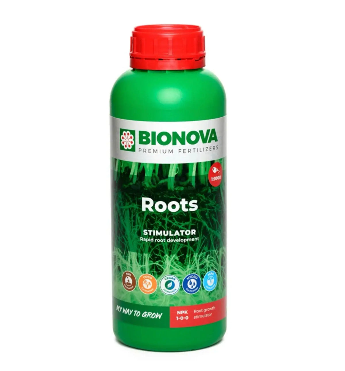 Hochkonzentrierter Bionova Roots Wurzelstimulator in 1-Liter Behälter, natürlicher Dünger für gesunde Pflanzenwurzeln