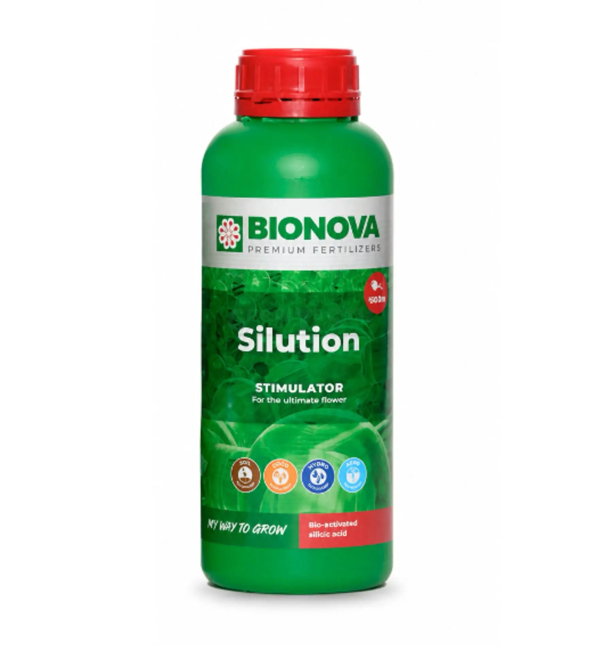 Bionova Silution Silizium-Stimulator mit Fulvosäure in einem 1-Liter-Becher, pflanzenfreundlicher Dünger für gesunde Pflanzen.
