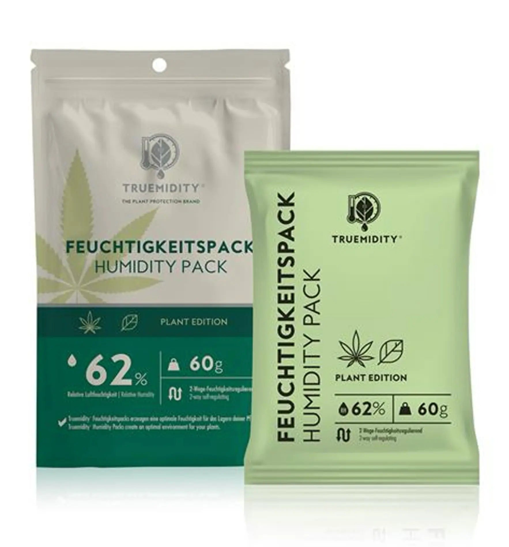 Truemidity Plant Edition 2-Wege-Humiditätspack 62 % zur Aufbewahrung, zeigt das Produkt in einer Verpackung.