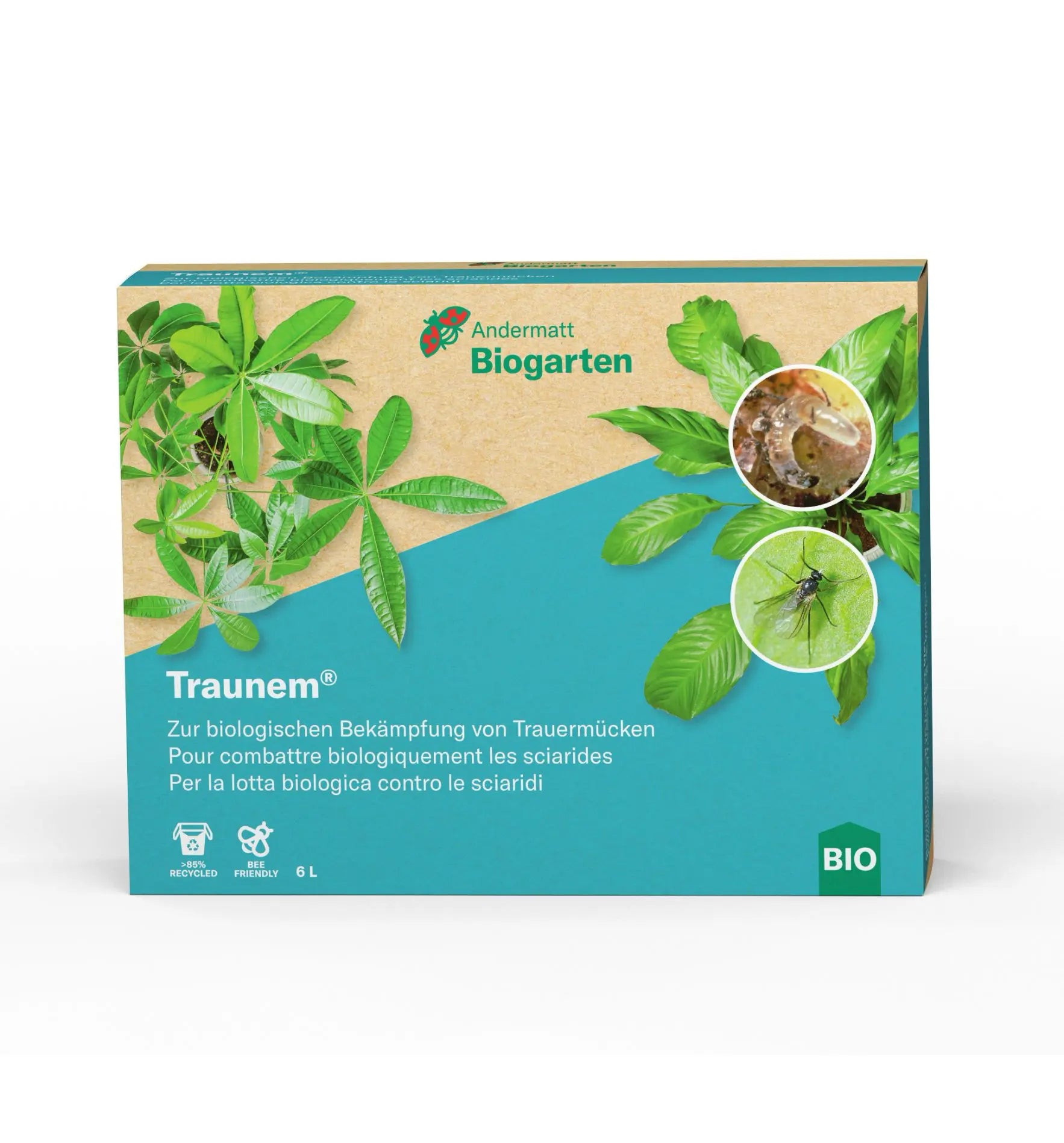 Traunem® Nematoden gegen Trauermückenlarven, biologischer Nützling zur Schädlingsbekämpfung im Garten, in einer Verpackung.