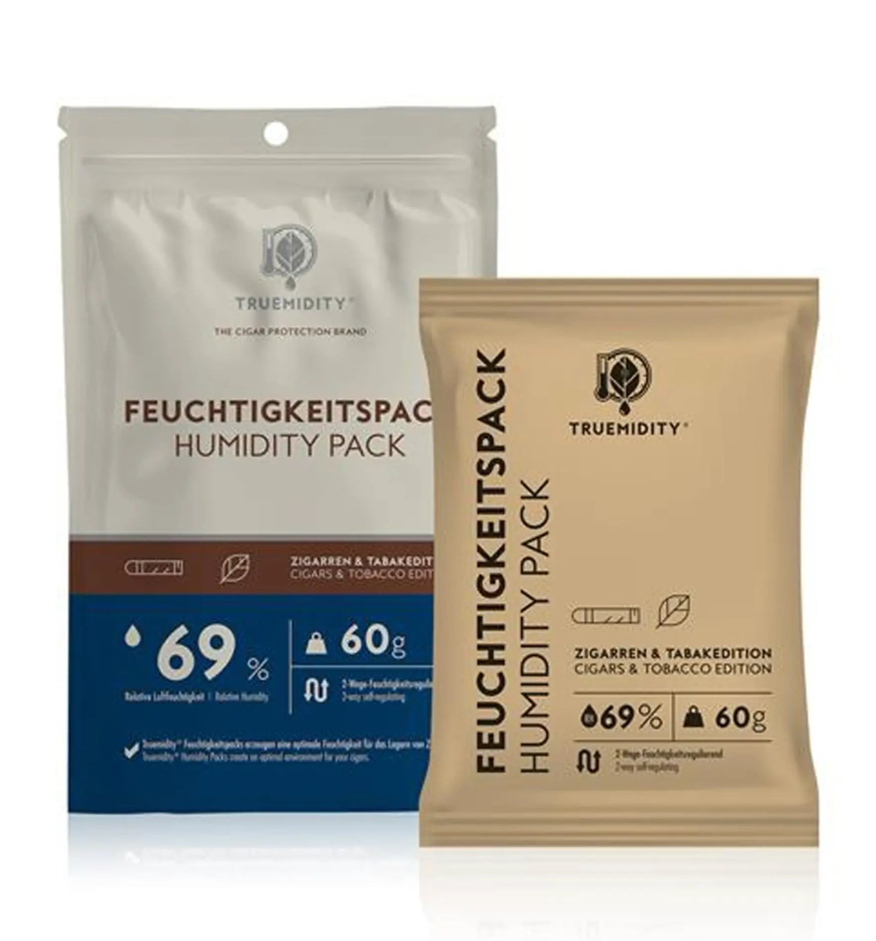 Boveda Truemidity Tobacco Edition 2-Way Humidity Pack in Aufbewahrungsbox, zeigt das Produkt in einer eleganten Verpackung.