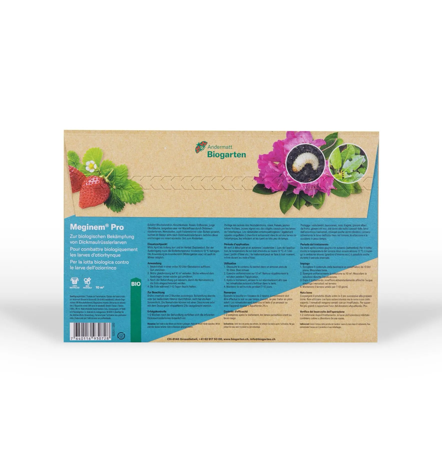 Meginem® Nematoden gegen Dickmaulrüsslerlarven, nützliche Helfer im Biogarten, in einer Verpackung, biologisches Schädlingsbekämpfungsmittel