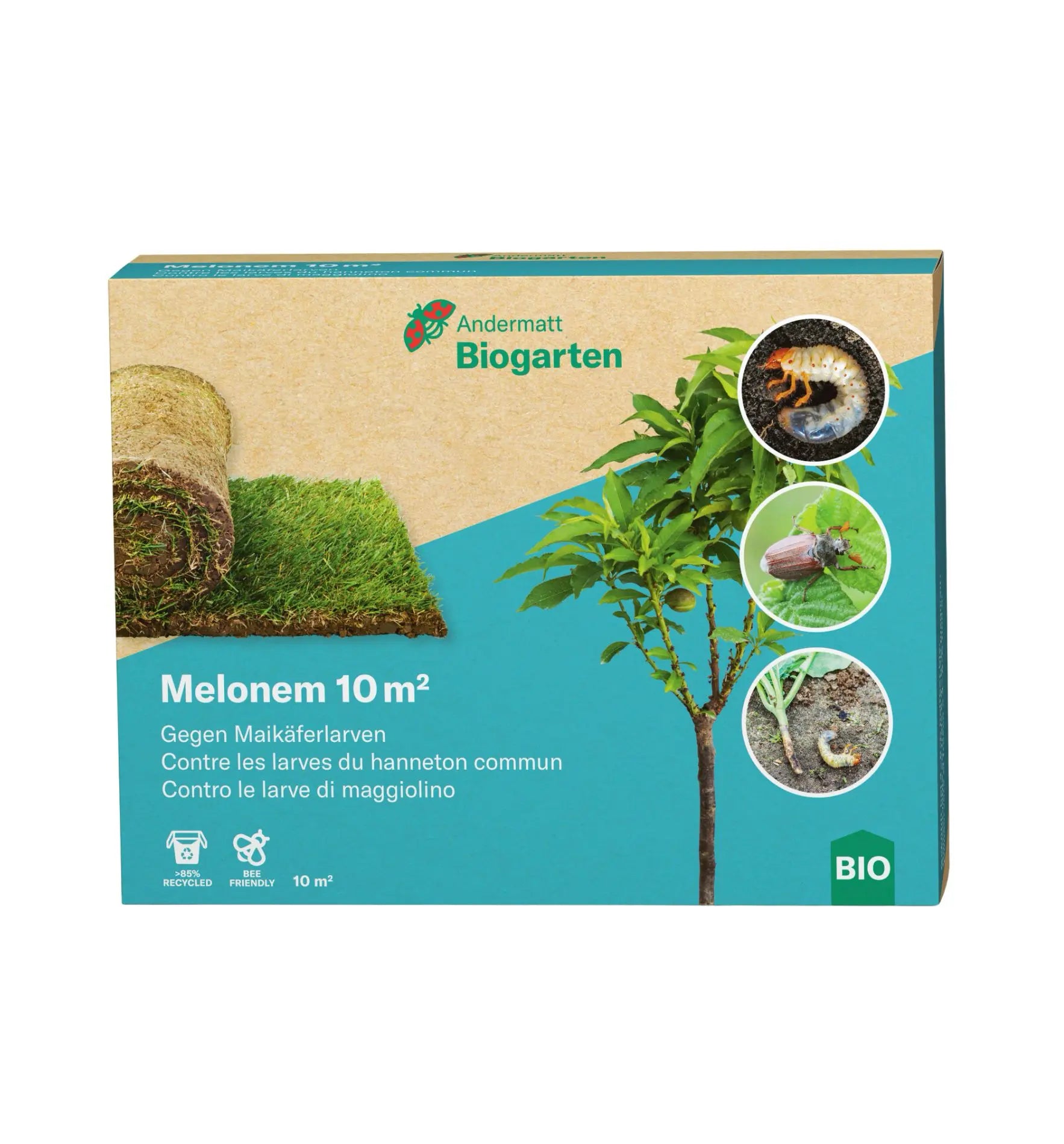 Nützlinge Melonem Nematoden gegen Maikäferlarven, biologischer Schädlingsbekämpfer in einer Verpackung, für biologischen Gartenbau.