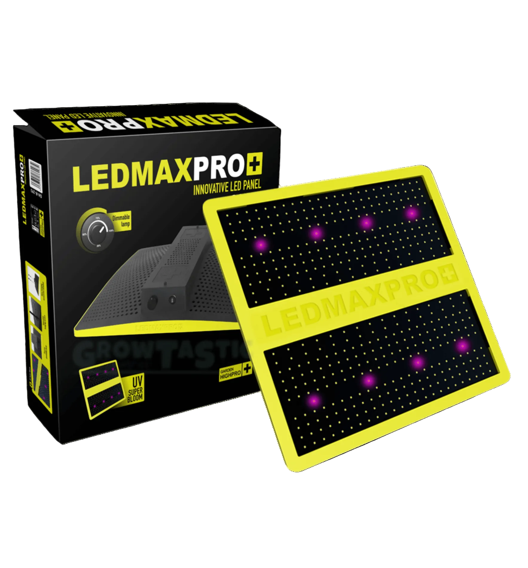 LEDMAXPRO+ innovatives LED-Panel für Growshops mit Informationen und Logo.