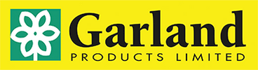 Logo von Garland Products Limited auf gelbem Hintergrund mit floralem Symbol.
