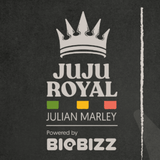 Logo von JUJU ROYAL, Julian Marley, powered by BioBizz, mit Krone und Farben der jamaikanischen Flagge.