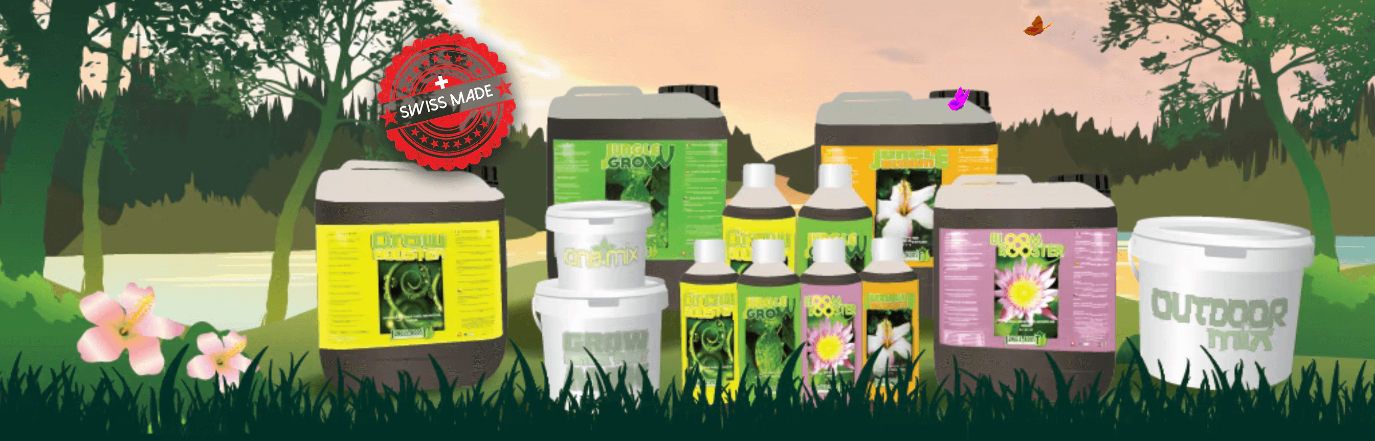 Produktauswahl von Growshop-Düngemitteln vor einer malerischen Naturkulisse.