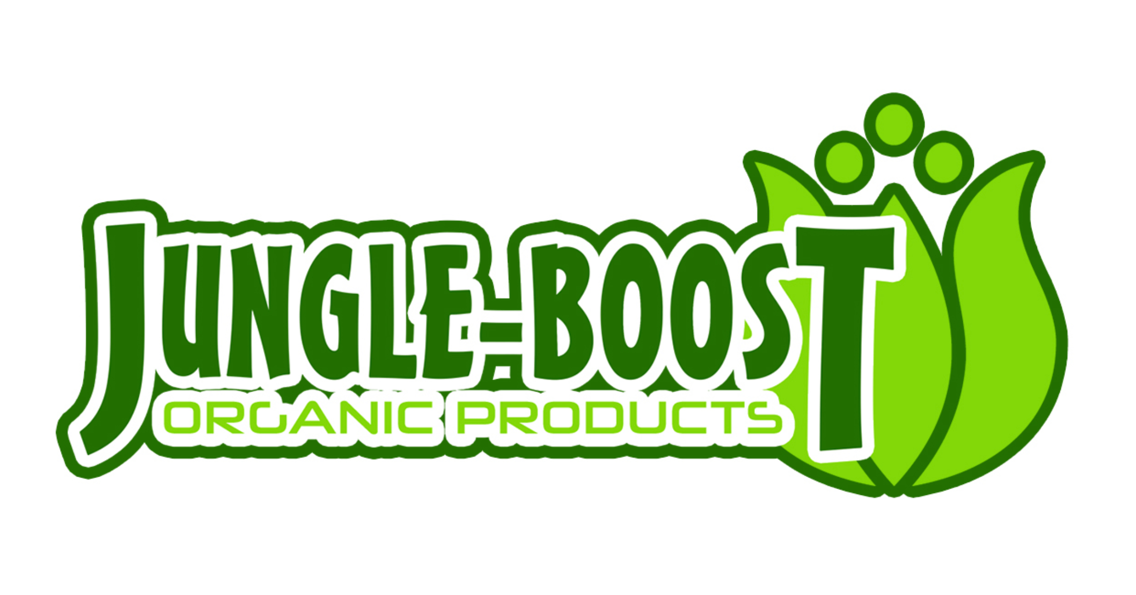 Logo von Jungle Boost mit grünen Blättern für biologische Produkte, symbolisiert nachhaltiges Wachstum.