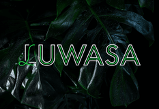 Luwasa Logo vor grünen Blättern, die nasse Oberfläche reflektieren, ideal für Growshop und Gartenprodukte.