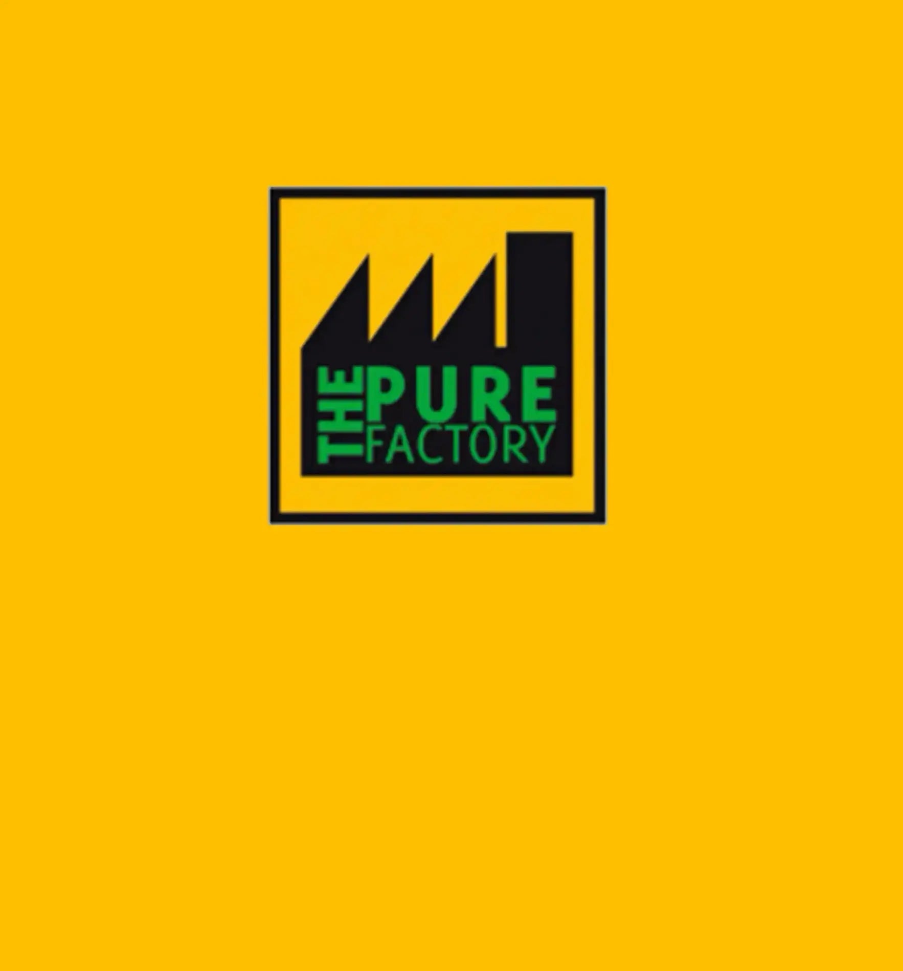 Logo der Pure Factory auf gelbem Hintergrund für den Growshop.
