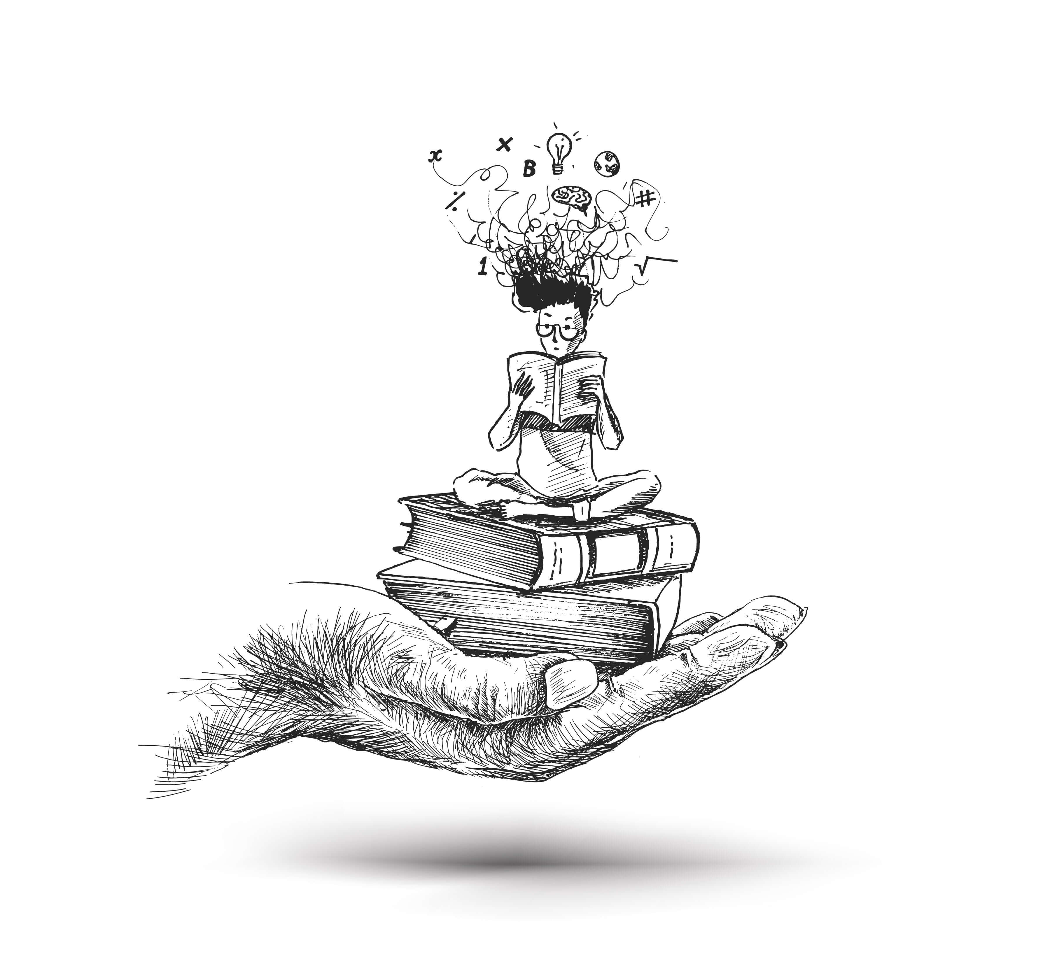 Illustration of a hand holding books with a person reading and ideas floating above, symbolizing knowledge and creativity.