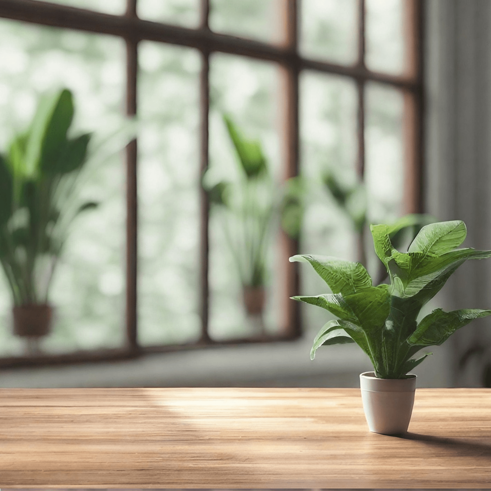 Innenansicht eines gedeckten Tisches mit einem Topfpflanze vor großen Fenstern, die Licht hereinlassen.