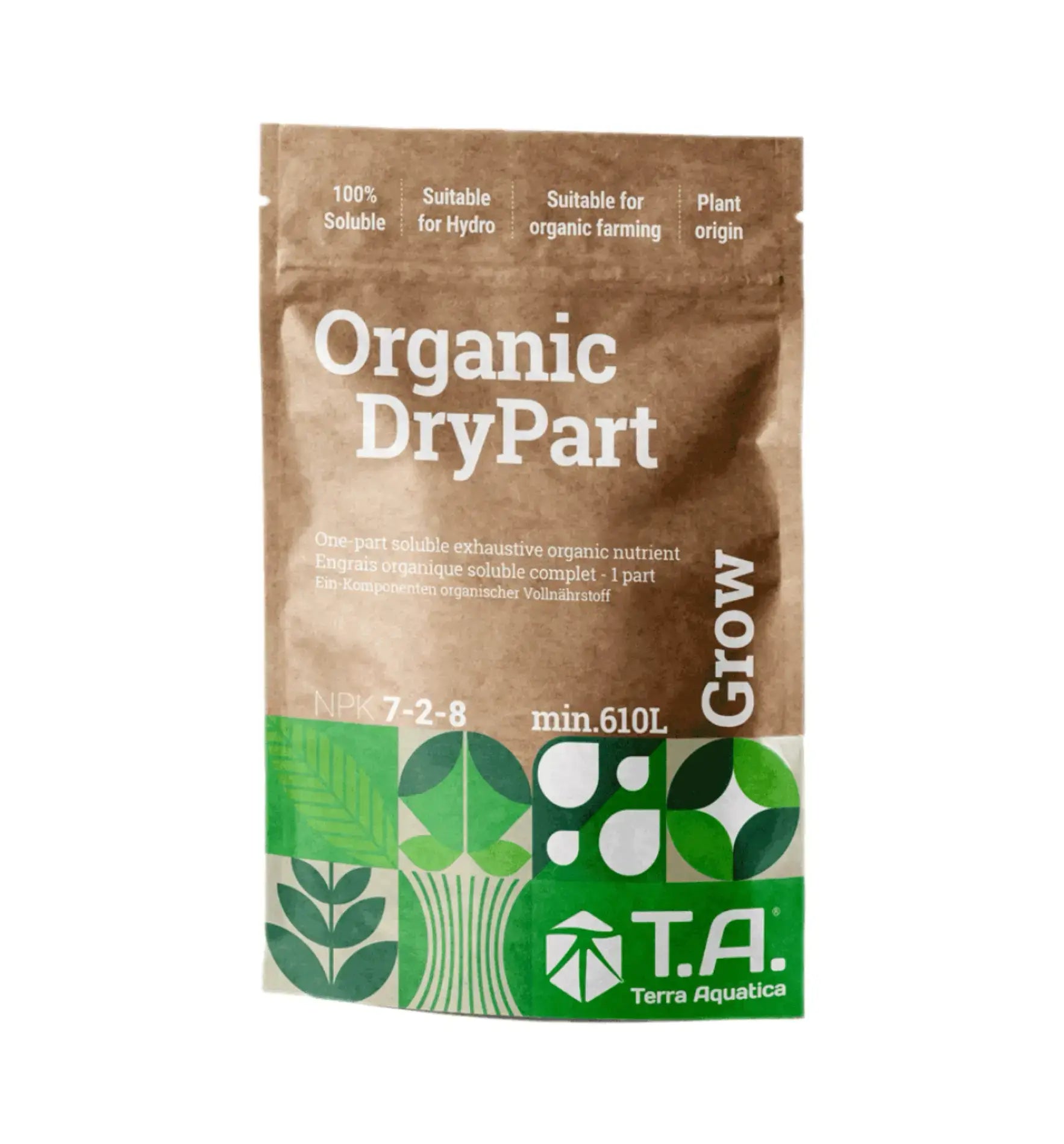 T.A. Organic DryPart Grow, 100% löslicher organischer Dünger für Hydro und biologischen Anbau, NPK 7-2-8
