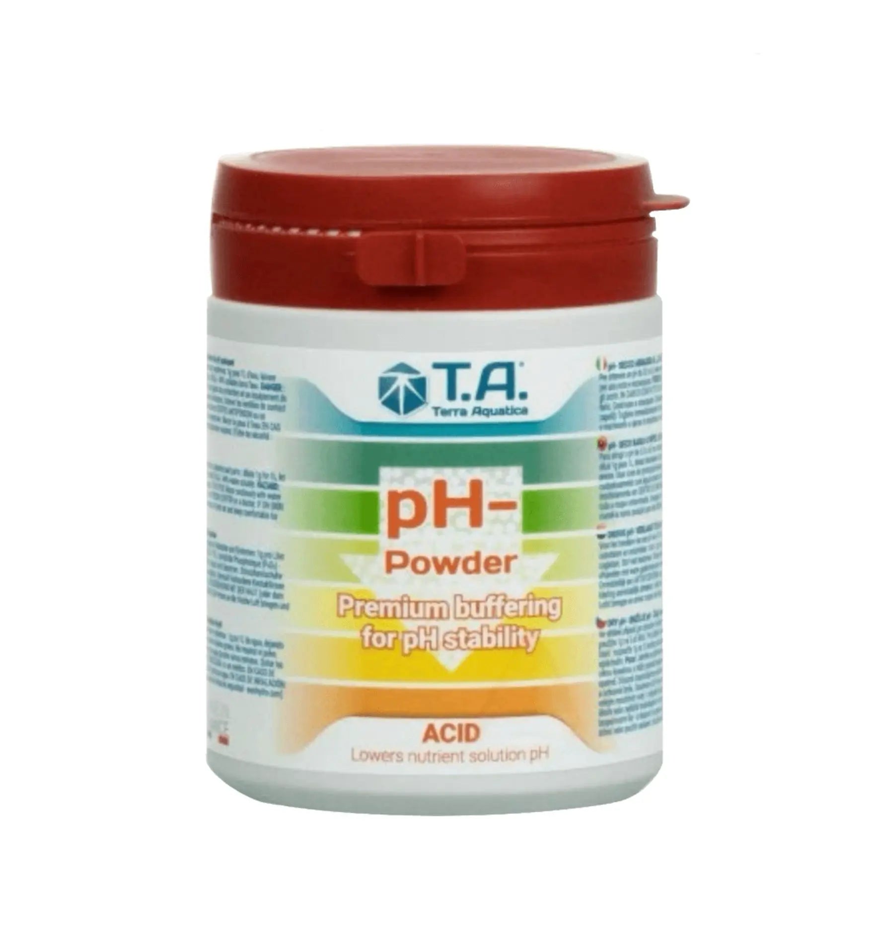 Terra Aquatica pH Down Pulver, Korrekturflüssigkeit zur pH-Regulierung in Aquarien, in einer transparenten Verpackung.