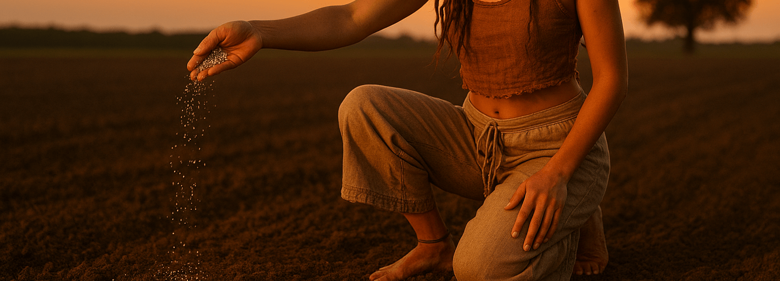 Frau, die Saatgut in den Boden streut, bei Sonnenuntergang auf einem Feld.