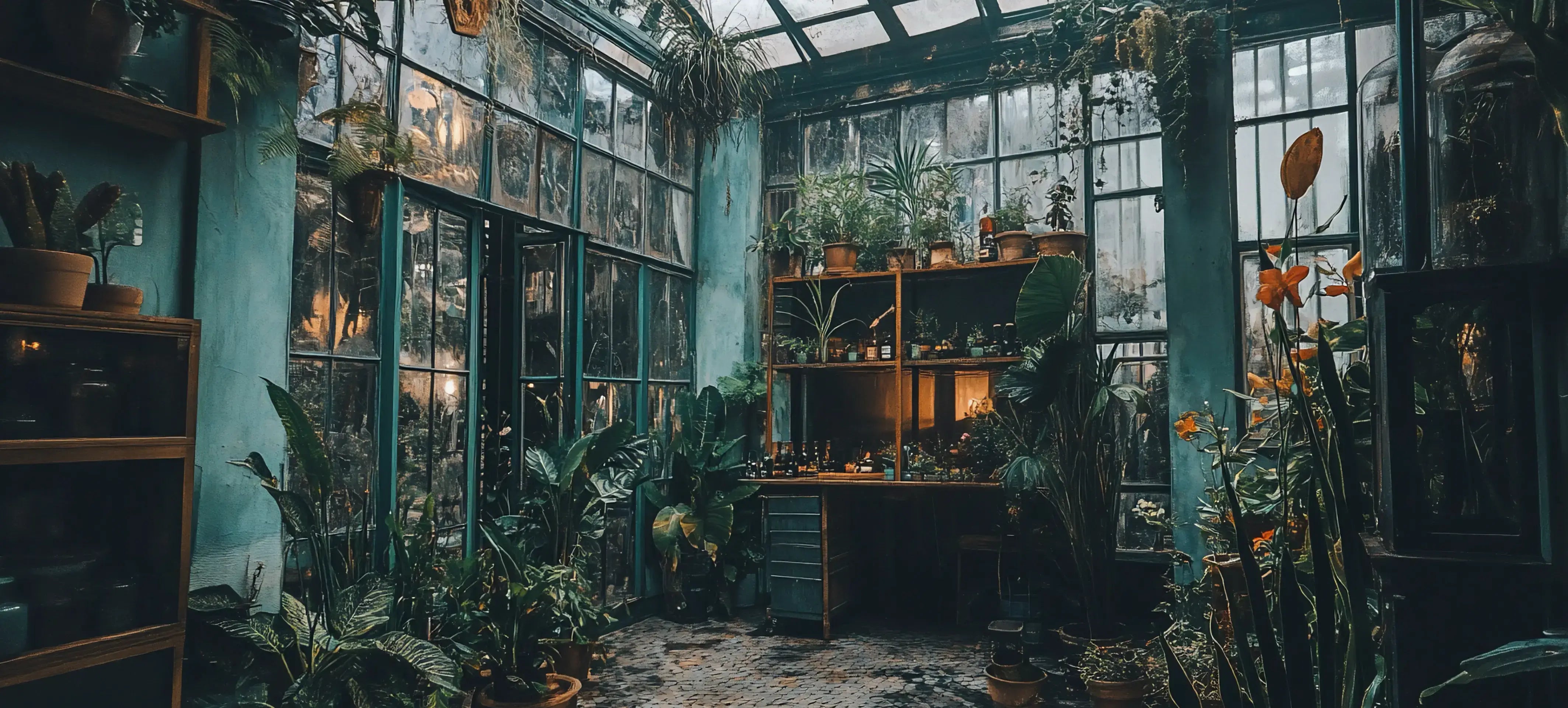 Interior eines Growshops mit vielen Pflanzen, Regalen und einem Schreibtisch, ideal für Gartenliebhaber.