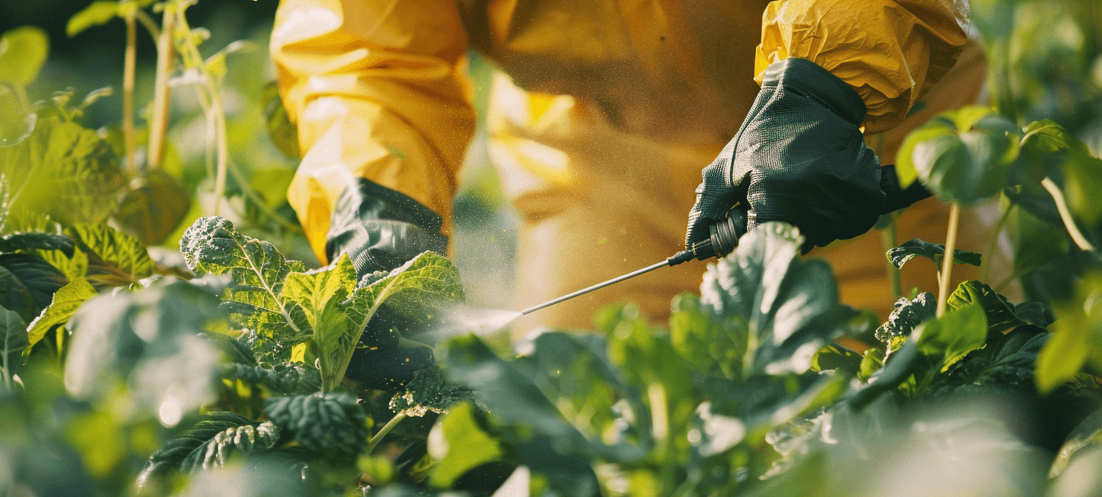 Gärtner in gelber Regenjacke sprüht Pflanzen im Growshop für gesunde Ernteinformationen.