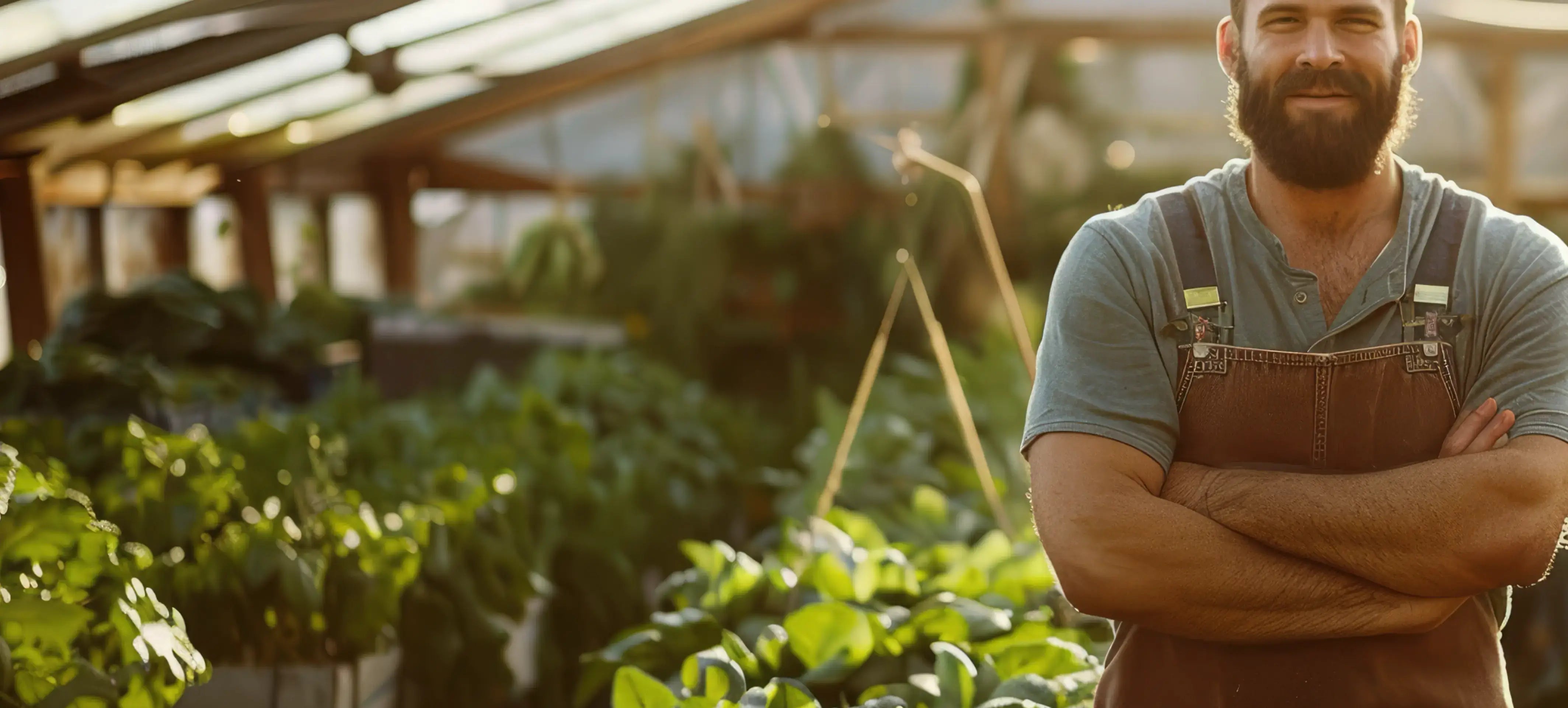 Mann in einem Gewächshaus mit Pflanzen, trägt eine Schürze, zeigt Vertrauen und Engagement für den Gartenbau.