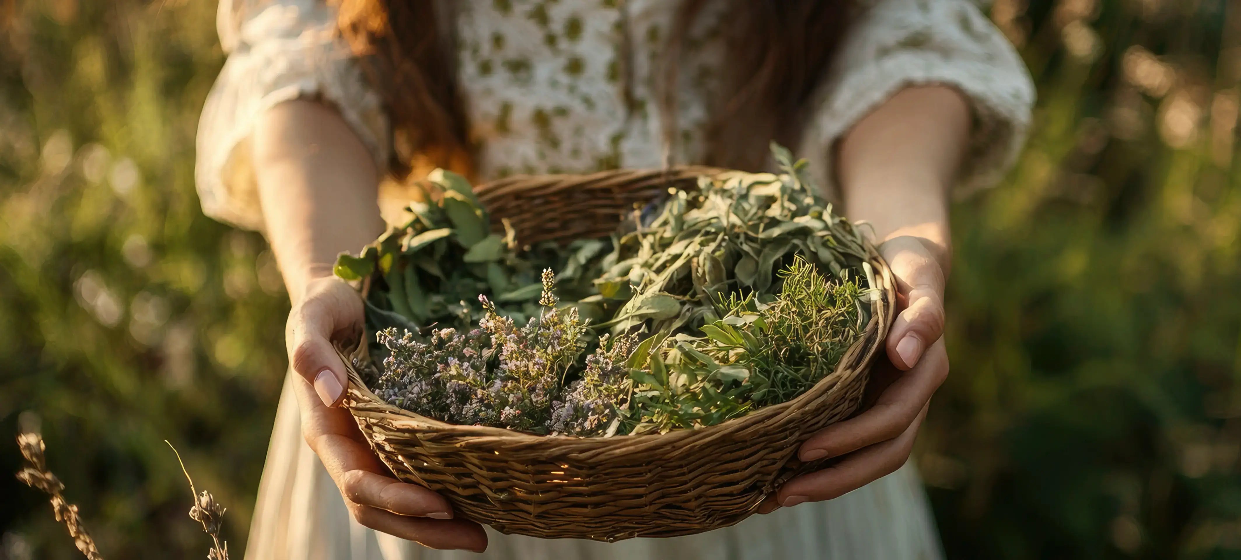 Frau hält einen Korb mit frischen Kräutern auf einem Feld, ideal für die Dateien meines Growshops mit Informationen oder Logo.