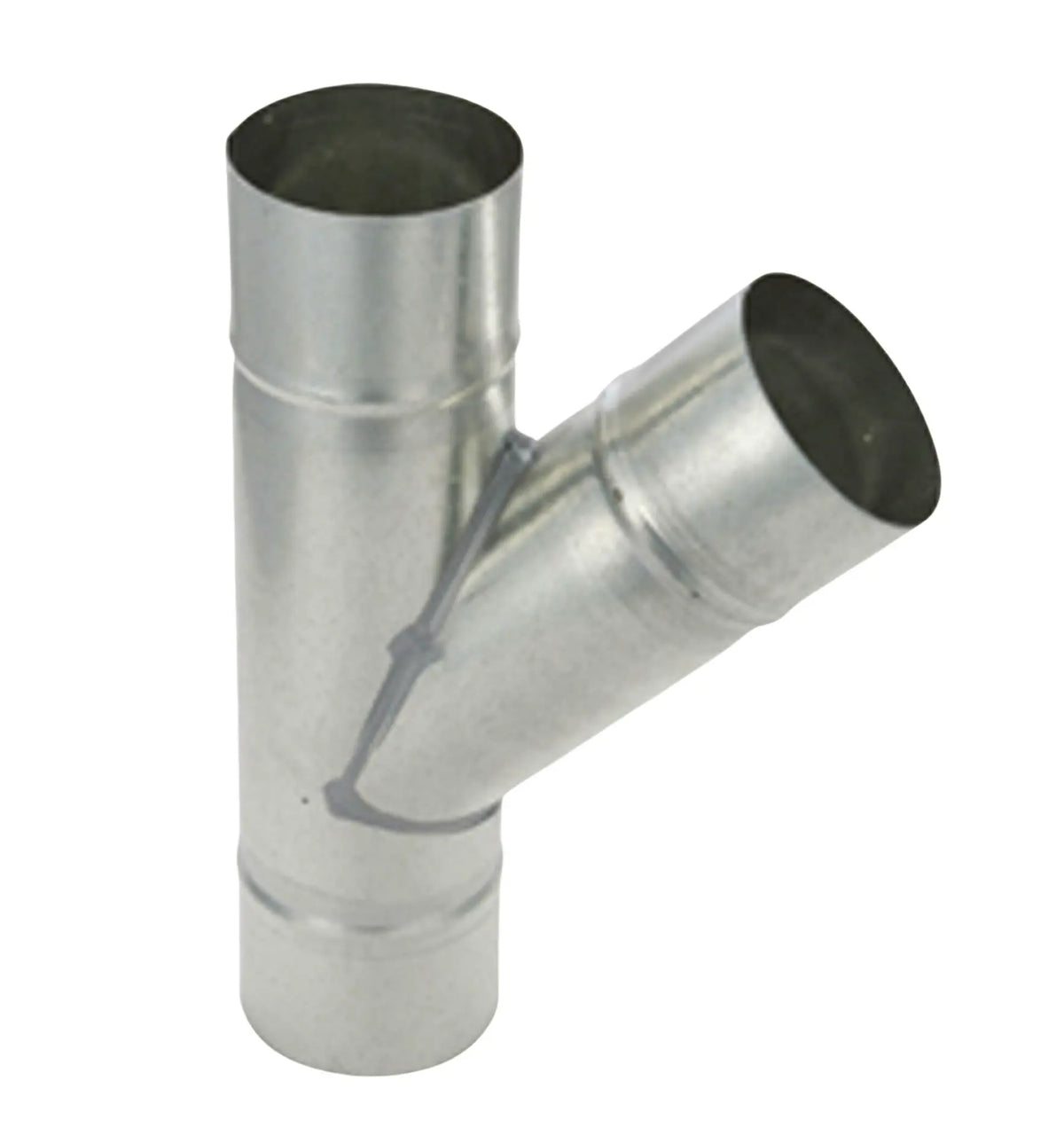 VBR Lüftungsrohr Y-Verteiler 45° aus Metall, für flexible Ventilationssysteme, zeigt den Y-Verteiler mit 45-Grad-Biegung
