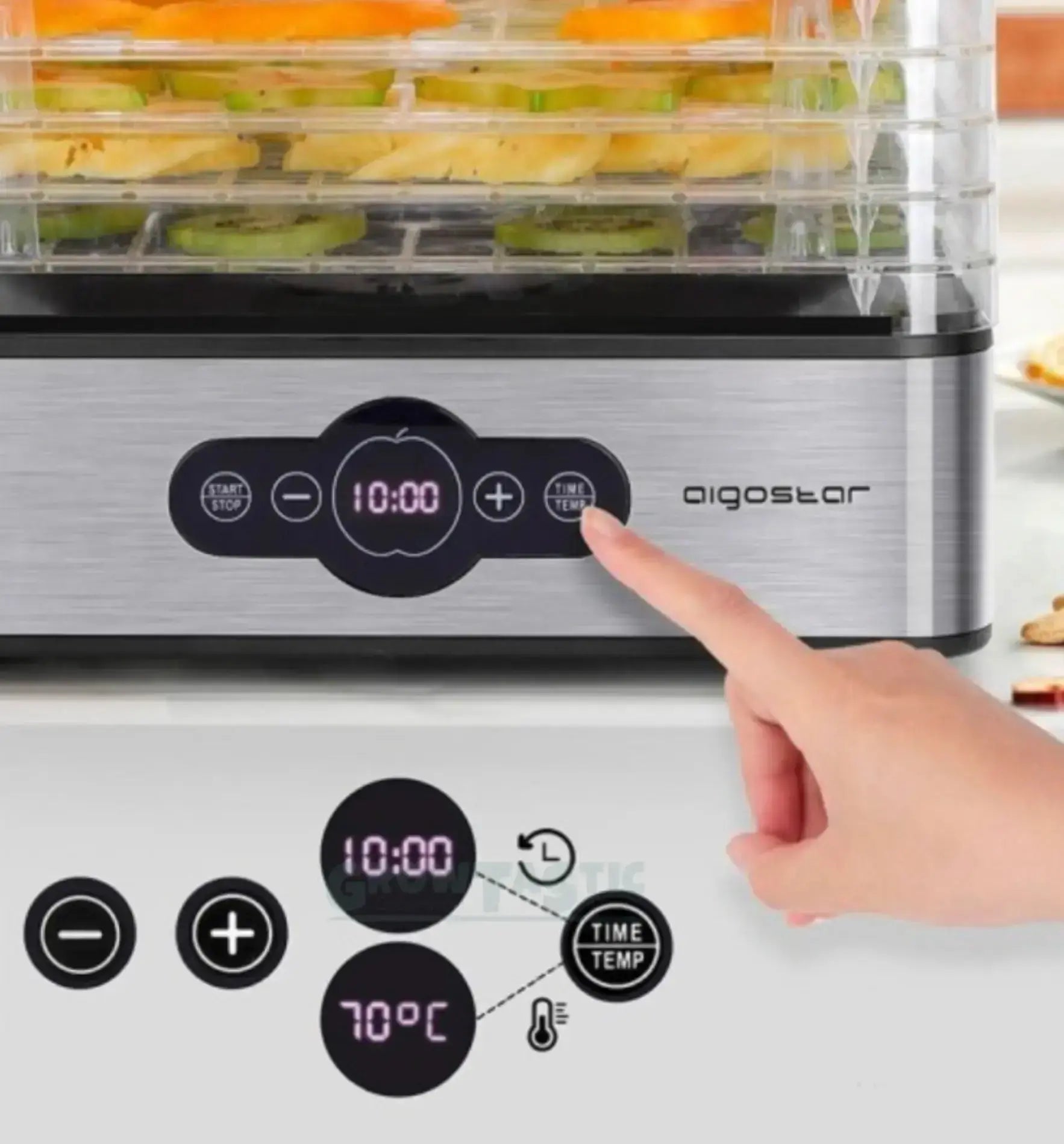 Aigostar Dörrex Crispy Trocknungsgerät mit 5 Filtern à 45 μm, ideal zum Dörren von Lebensmitteln, in neutraler Umgebung.