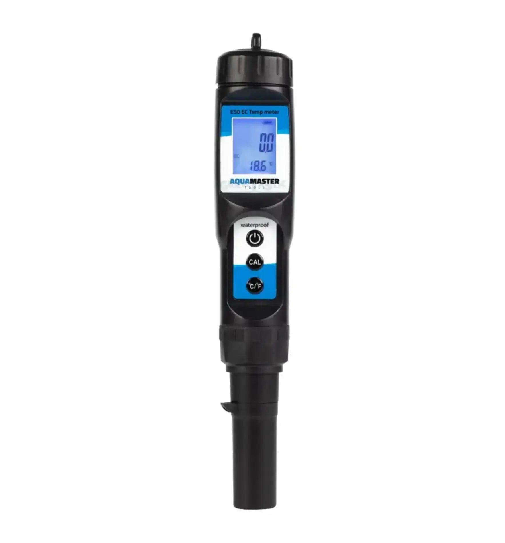 Aquamaster Tools EC Temp Meter E50 Pro, digitales Messgerät für Temperatur und EC-Wert, mit Display und Bedienelementen.