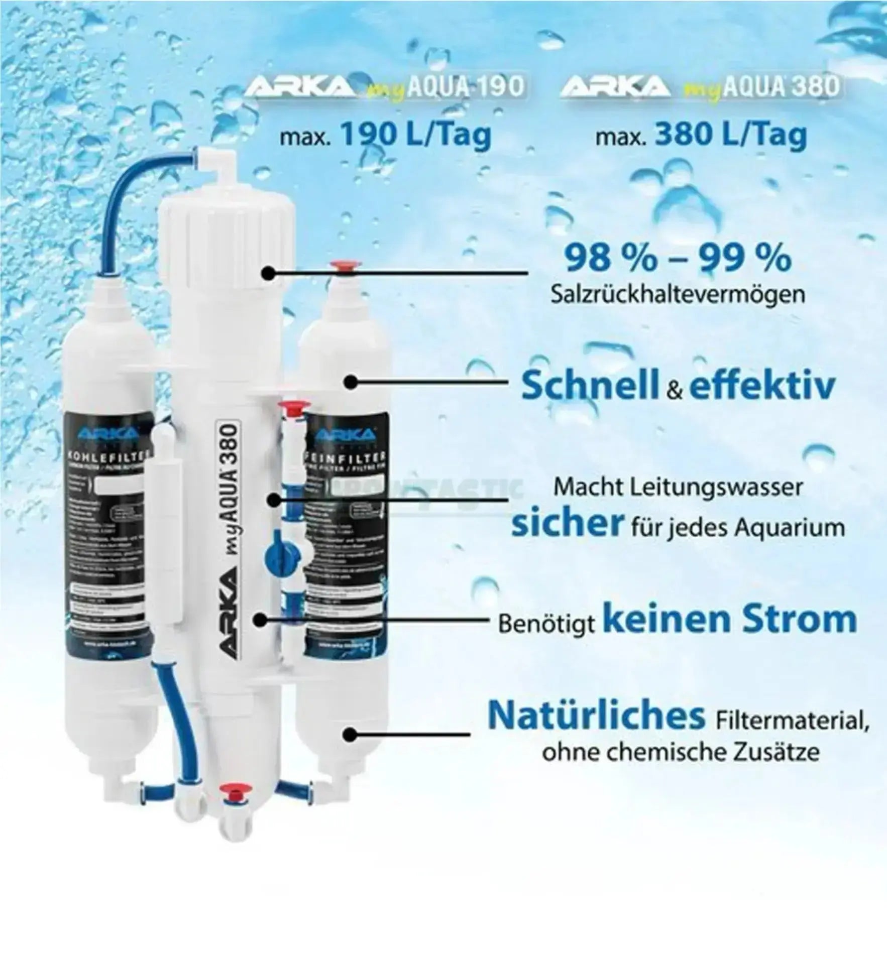 ARKA myAQUA® 190 Umkehrosmoseanlage, kompakte Osmoseanlage mit Wasserfilter für reines Trinkwasser, abgebildet vor weißem Hintergrund.