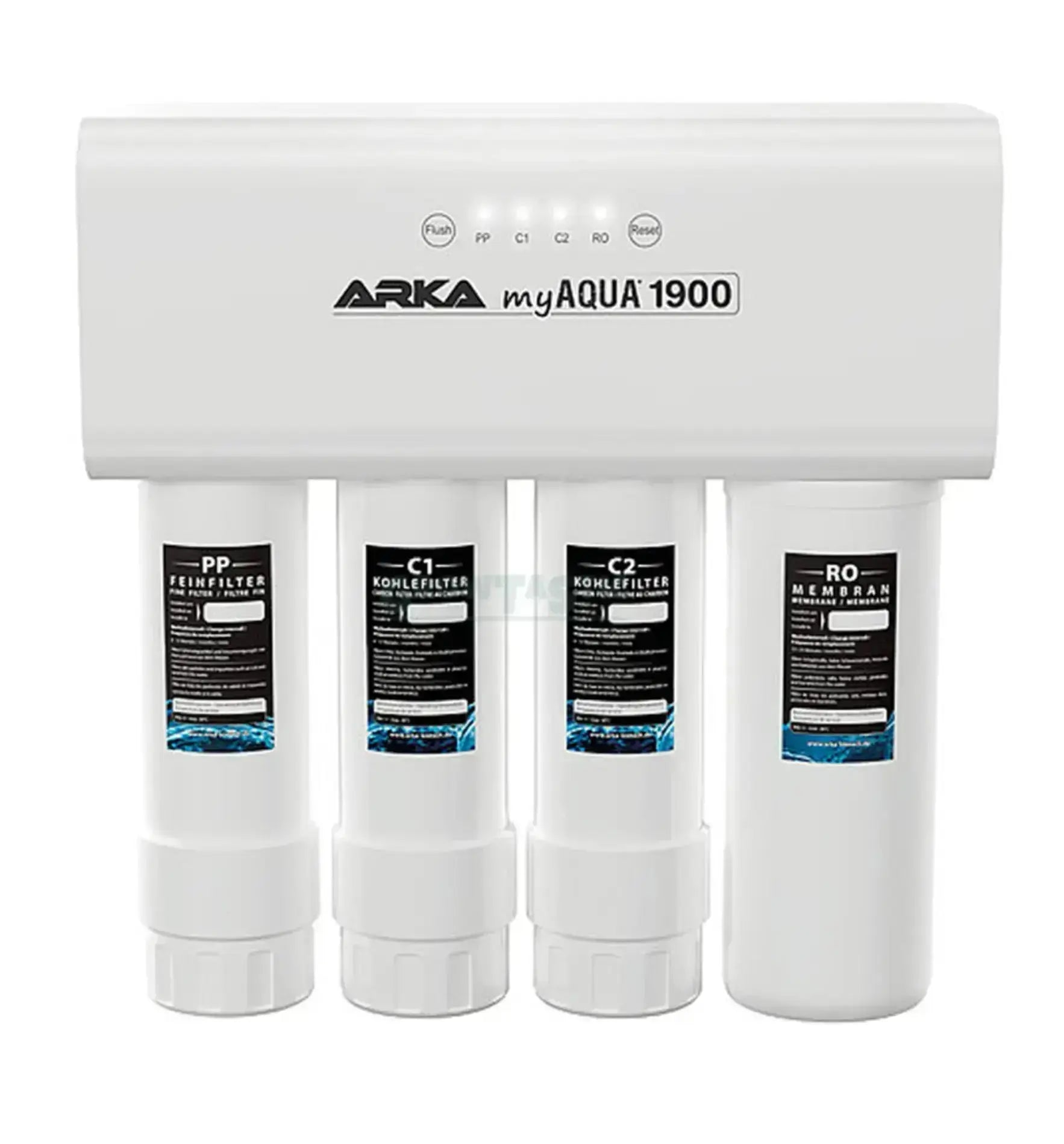 ARKA myAQUA® 1900 Umkehrosmoseanlage mit Filter und Wasserhahn für sauberes Trinkwasser, klarer Blick auf das Osmose-System