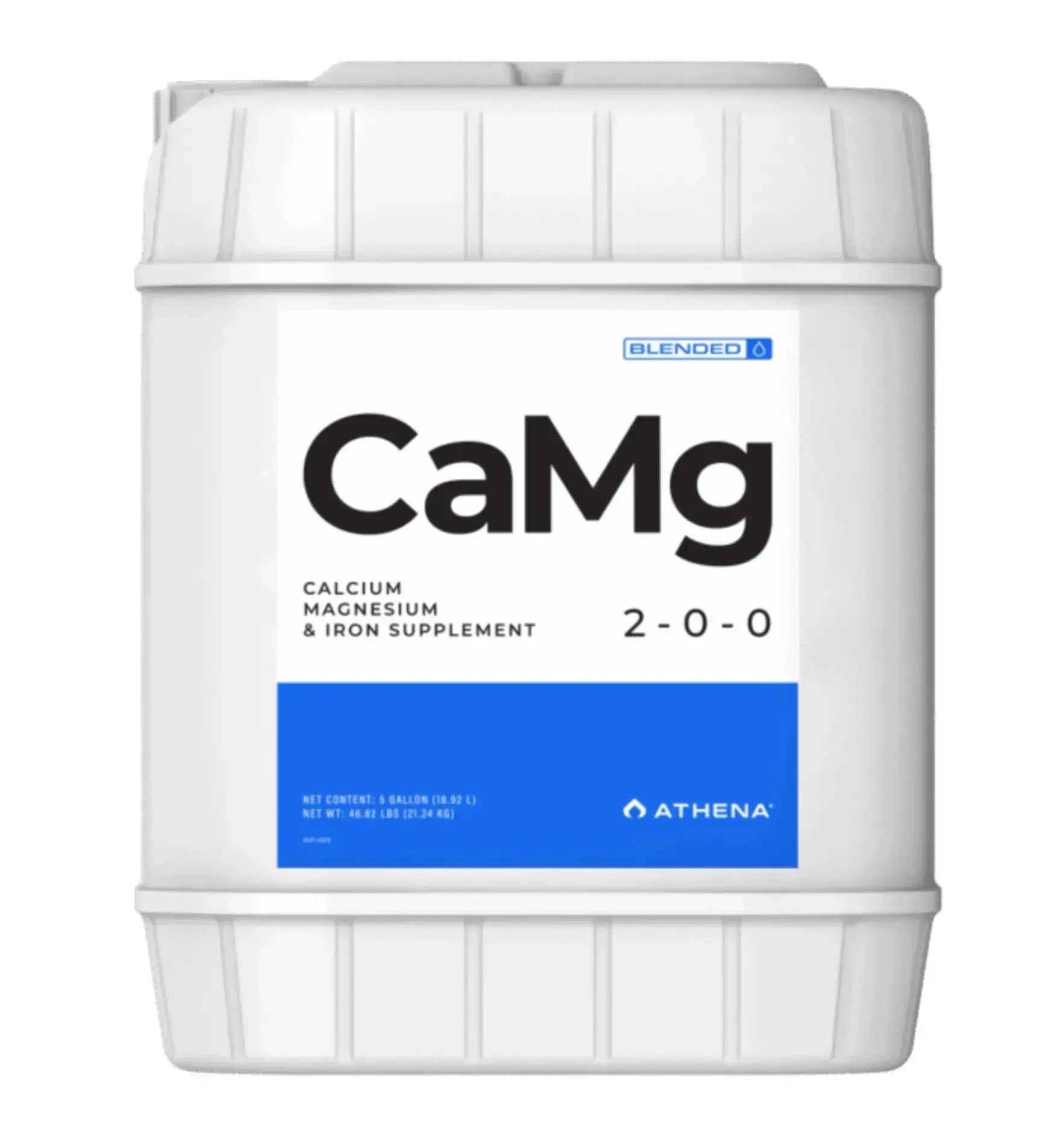 Athena CaMg Dünger in 3,78-Liter-Flasche, enthält Calcium und Magnesium für Pflanzenwachstum, auf weißem Hintergrund.