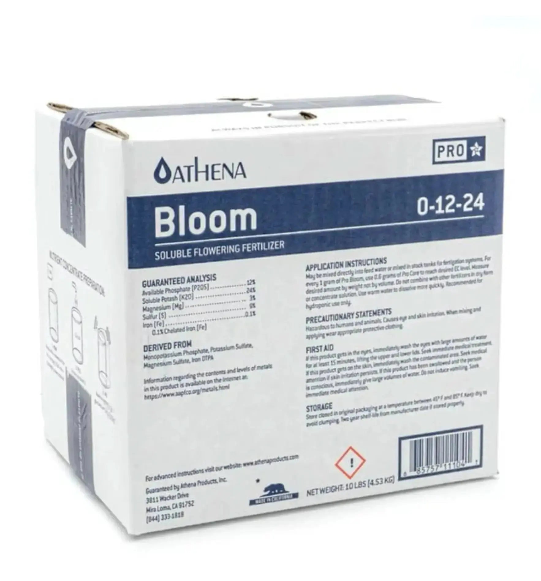 Athena Pro Bloom Dünger in 4,53 kg, zeigt die Verpackung mit grüner und weißer Gestaltung, ideal für Pflanzenwachstum