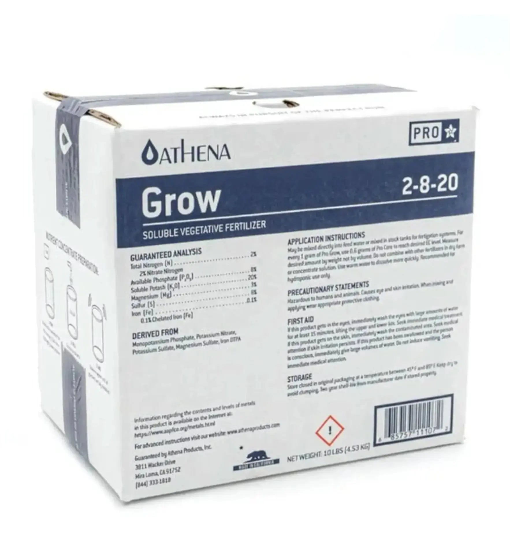 Athena Pro Grow Dünger in 4,53 kg Verpackung, flüssiger Pflanzenfüller für kräftiges Wachstum, mit grüner Flasche und Messbecher.