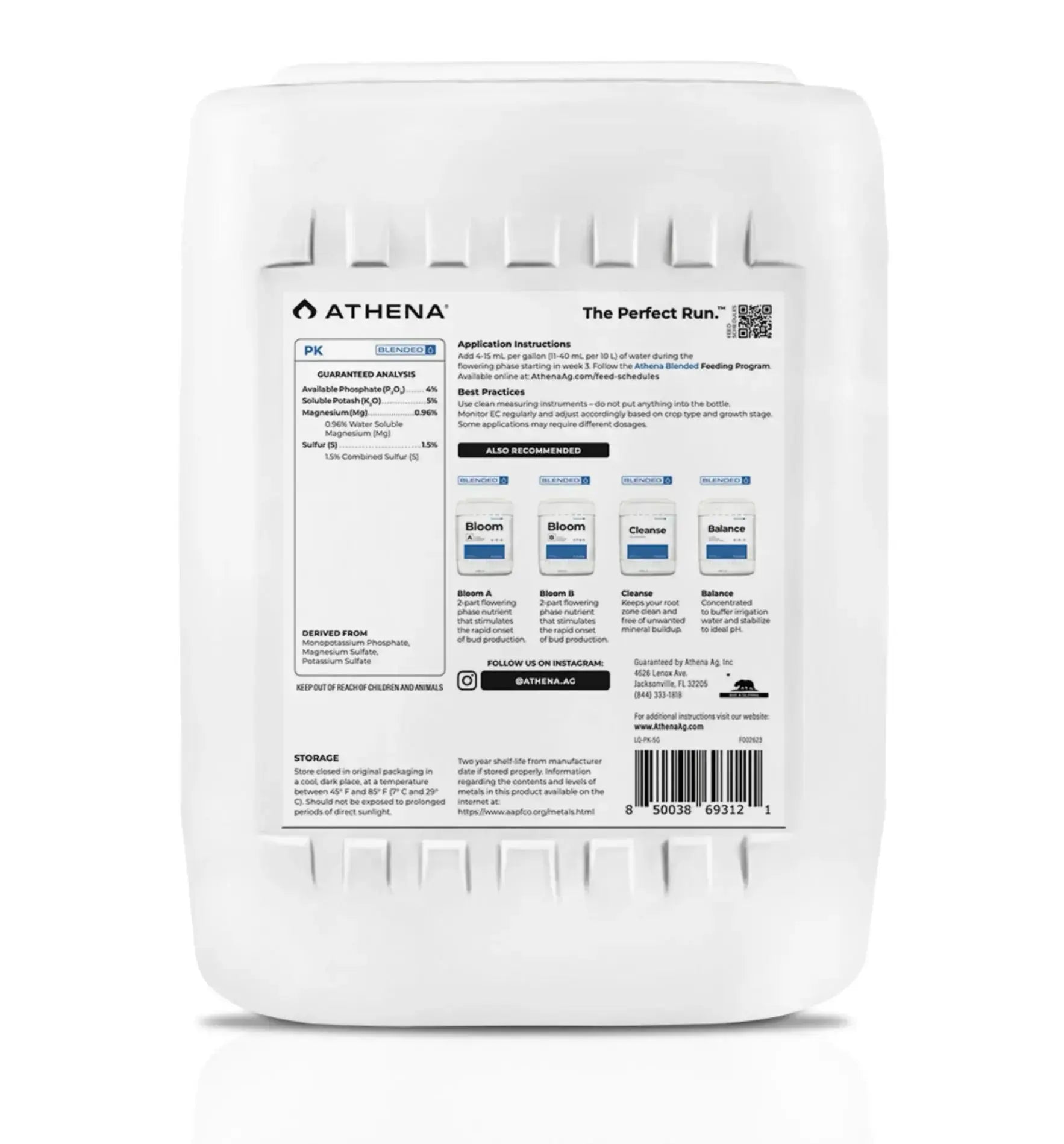 Athena PK Dünger in 946 ml Flasche, für gesunde Pflanzen, zeigt die grüne Flasche mit Produktbeschreibung auf der Verpackung