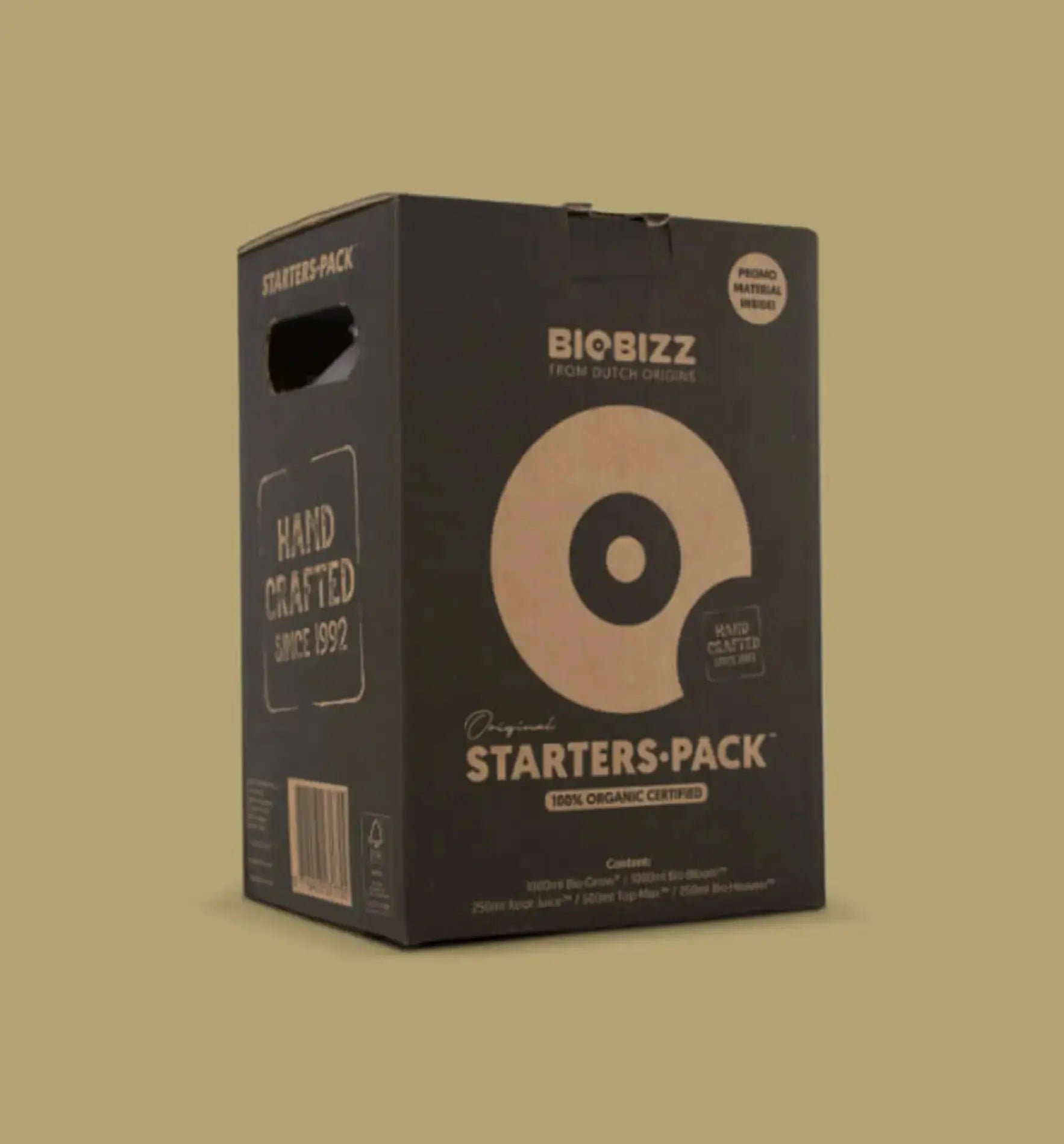 BioBizz Starter Set Verpackung mit dem Hinweis auf 100% organische Inhaltsstoffe und handgefertigtem Design.