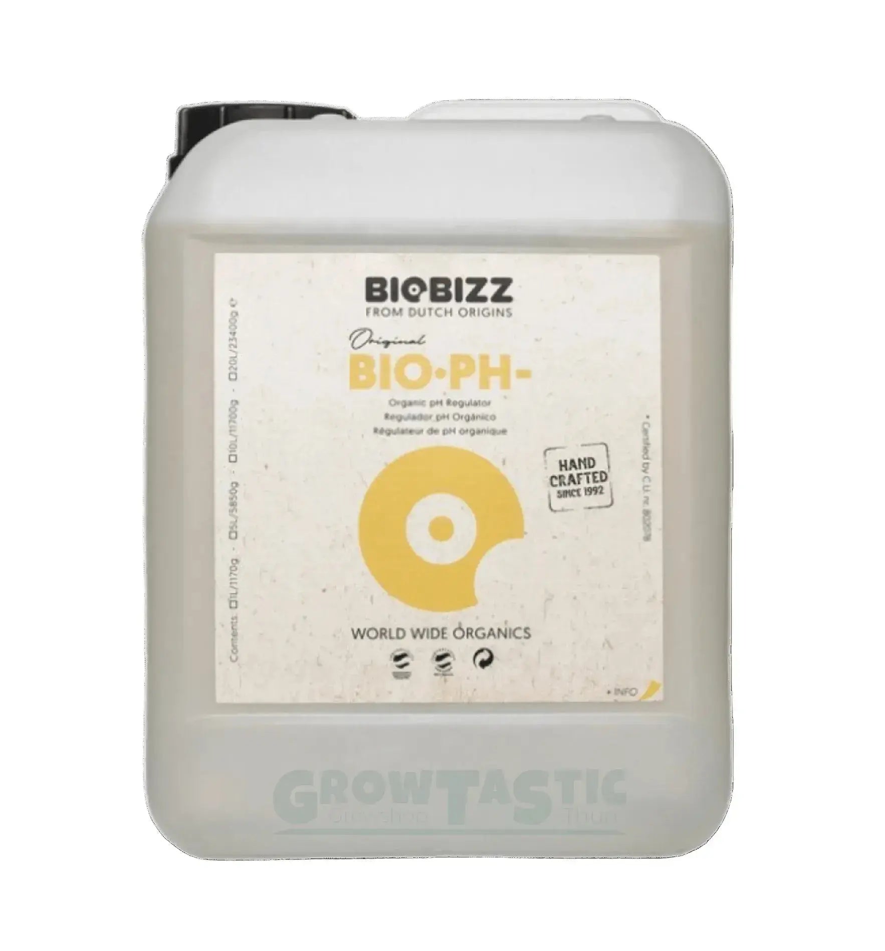 BioBizz BIO-PH- Flasche für organische pH-Regulierung im Growshop. Informationen und Logo integriert.