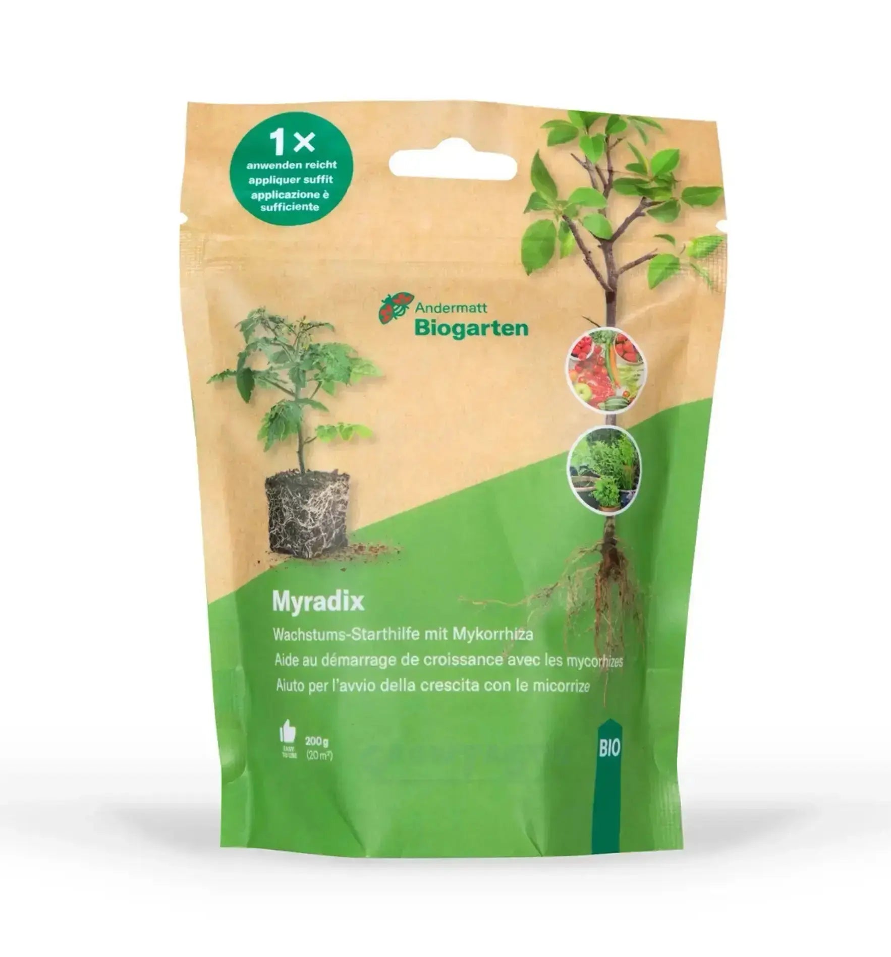 Biogarten Myradix Mykorrhiza-Pilze zur Pflanzenstärkung, 200 g, sichtbare Verpackung und Produktbeschreibung.