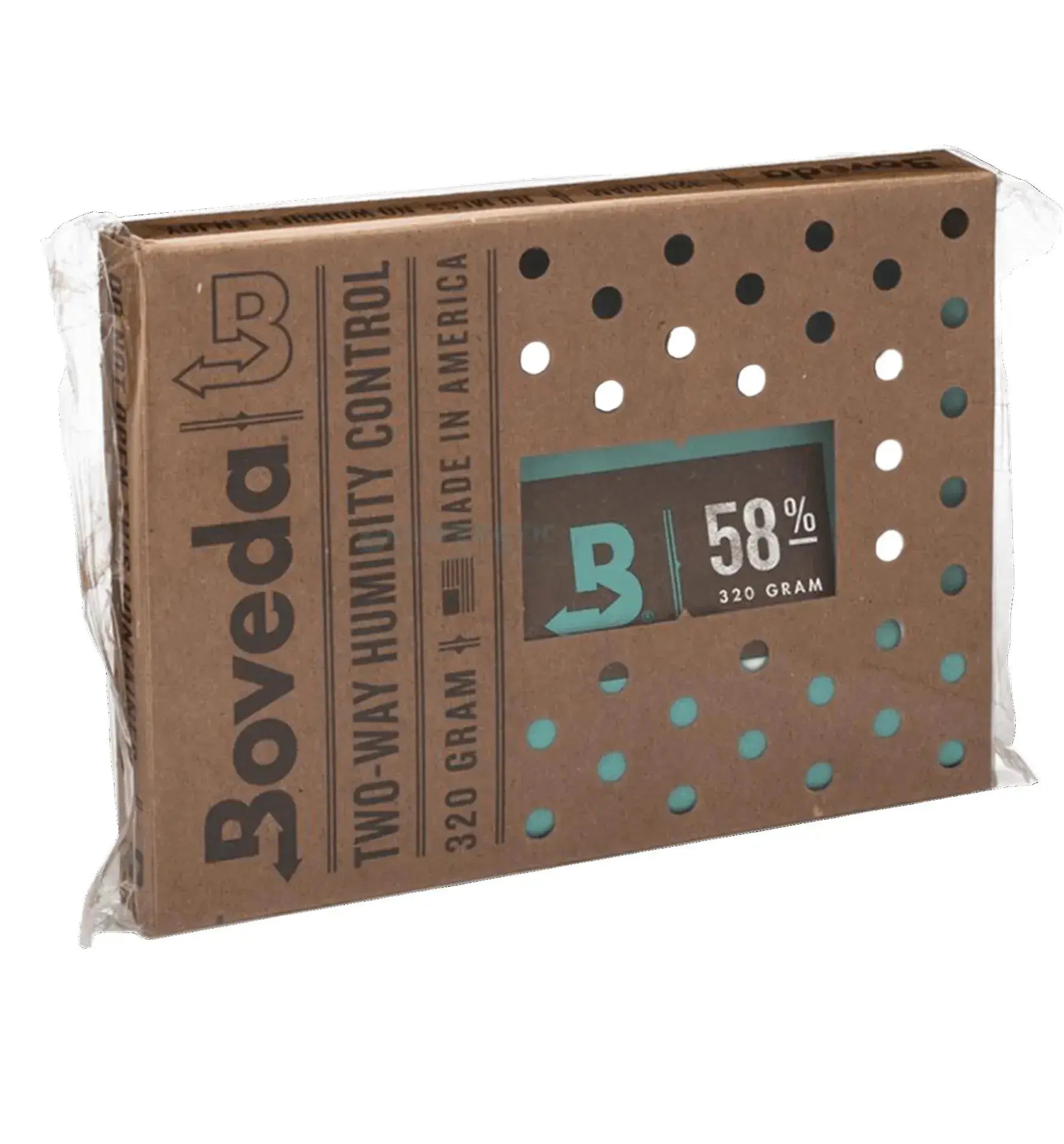 Boveda 58% Humidity Pack für Aufbewahrung, zeigt die Verpackung mit Boveda-Logo und 2g Humidity Pack.
