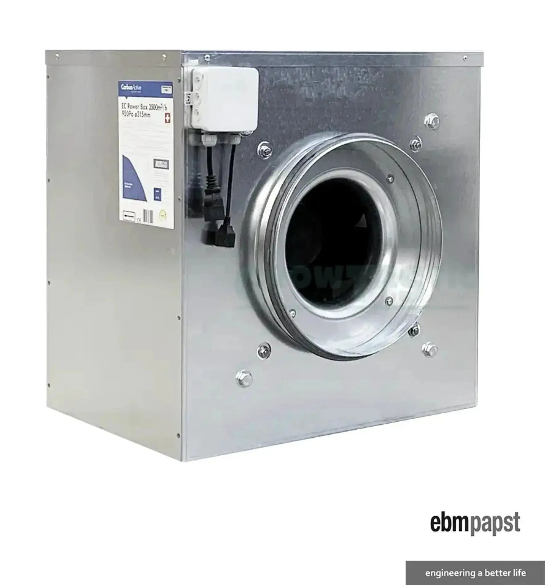 Carbon Active EC Power Box für Klima und Lüftung, 125 mm Durchmesser, 280 m³/h Luftstrom, langlebiges Gehäuse
