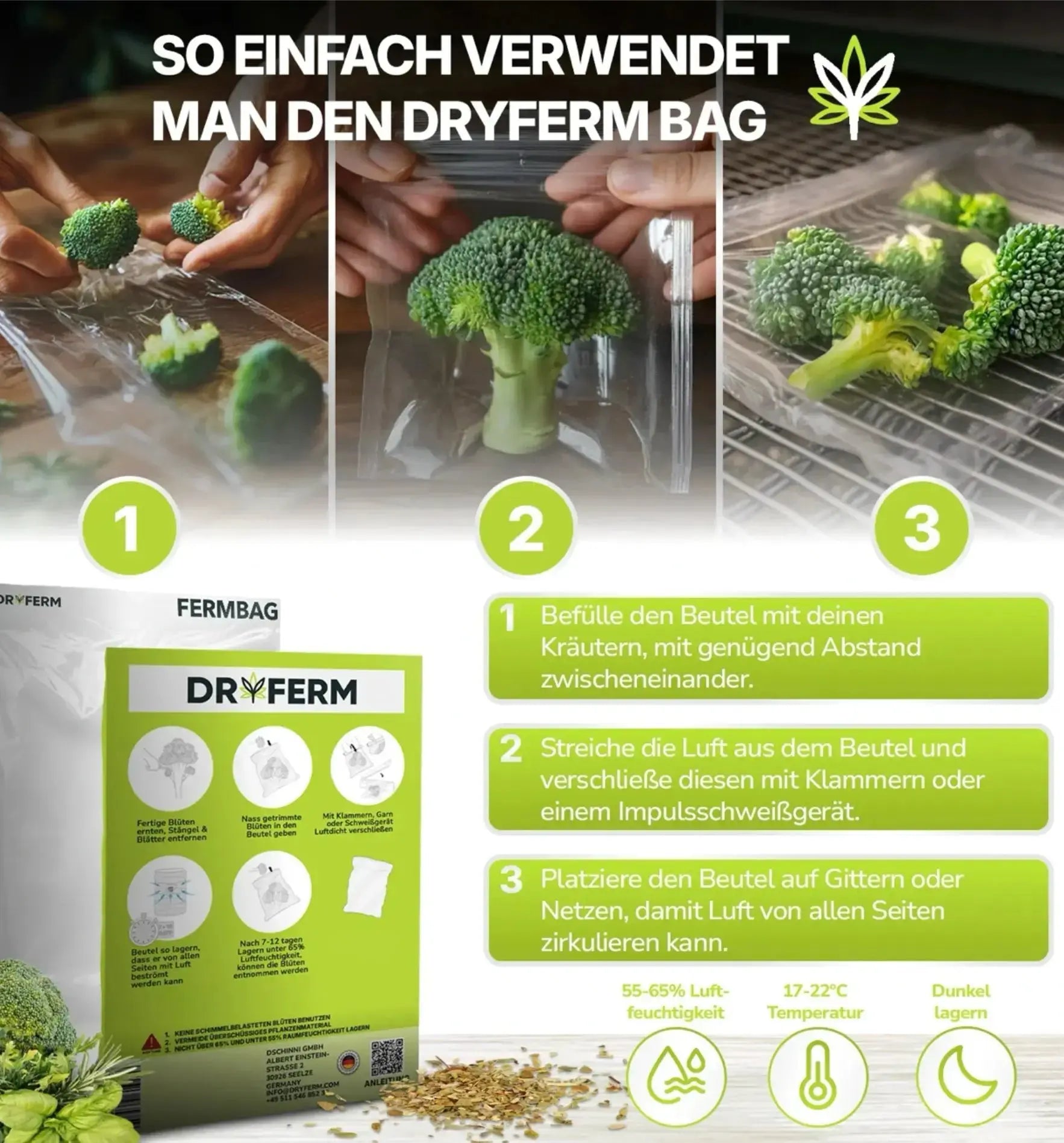 Dryferm Aufbewahrungsset mit drei Dryferm Bag Fermbags für Trocknung und sichere Lagerung, 25 x 40 cm, flexible Aufbewahrungslösung