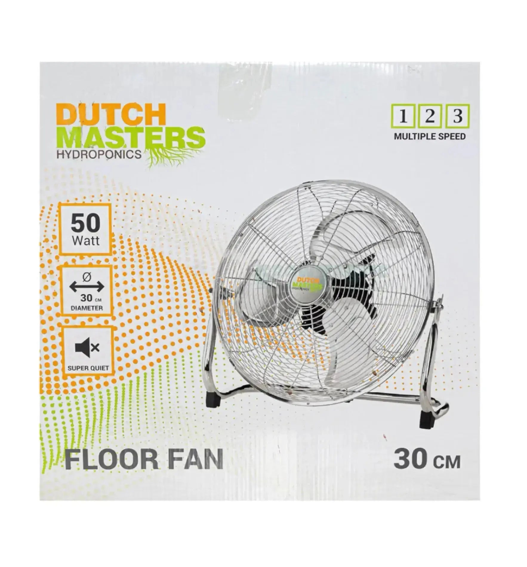 Dutch Masters Bodenventilator 30cm, leistungsstarker Ventilator für Hydroponik und Pflanzenpflege, in Betrieb.