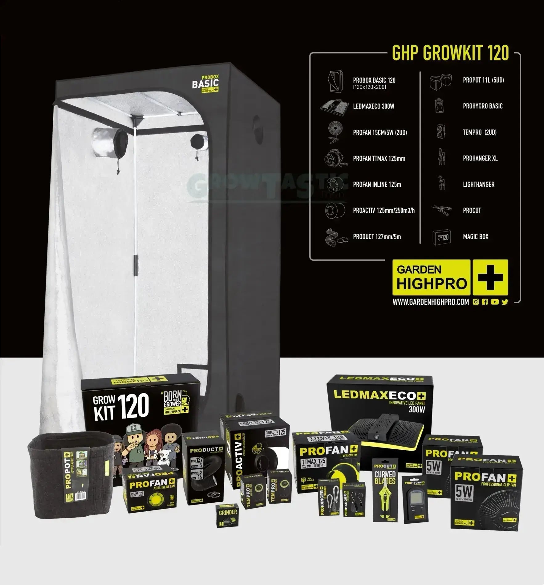 Garden Highpro GHP Grow Kit 120, komplettes Anbausystem mit Pflanzenbehältern und Zubehör für optimale Pflanzenzucht.