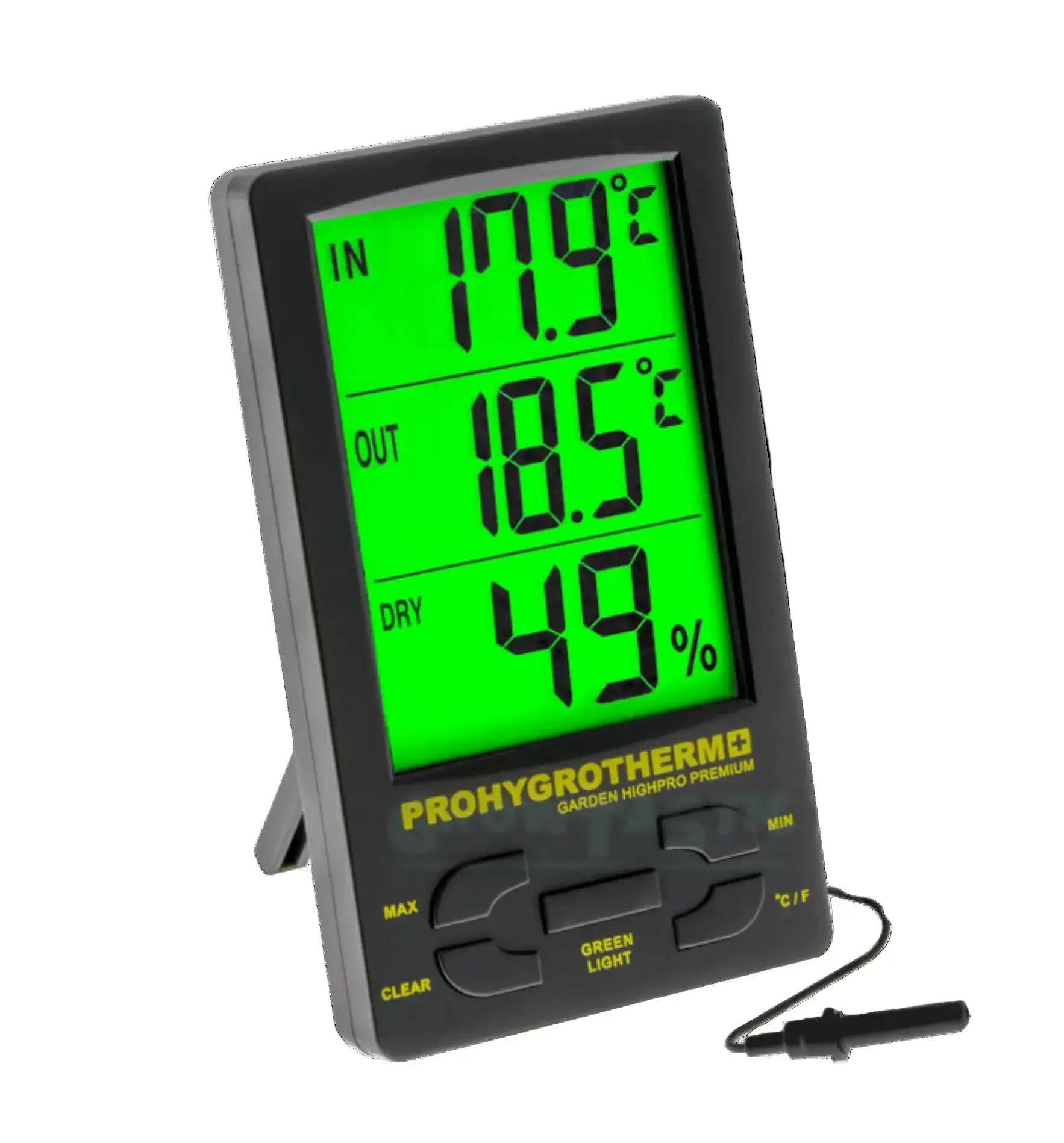 Garden Highpro GHP Thermo-/Hygrometer mit Sonde, zeigt Temperatur und Luftfeuchtigkeit im Garten, digital und präzise.