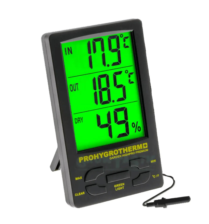 Garden Highpro GHP Thermo-/Hygrometer mit Sonde, zeigt Temperatur und Luftfeuchtigkeit im Garten, digital und präzise.